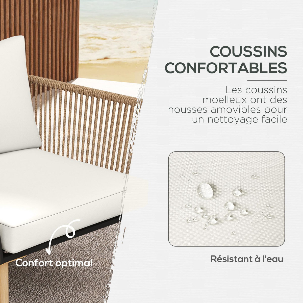 OUTSUNNY Salon de jardin 4 places 4 pièces design scandinave acier époxy résine filaire PE coussins inclus crème