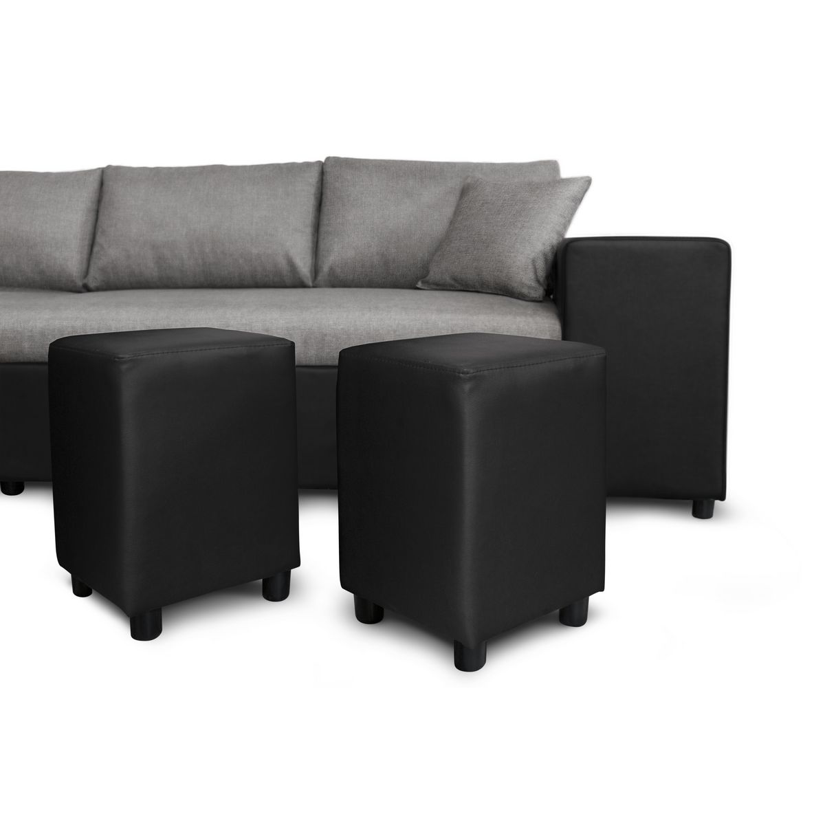 Canapé d'angle réversible convertible avec coffre + 2 poufs avec niche fixe à droite ANETTA