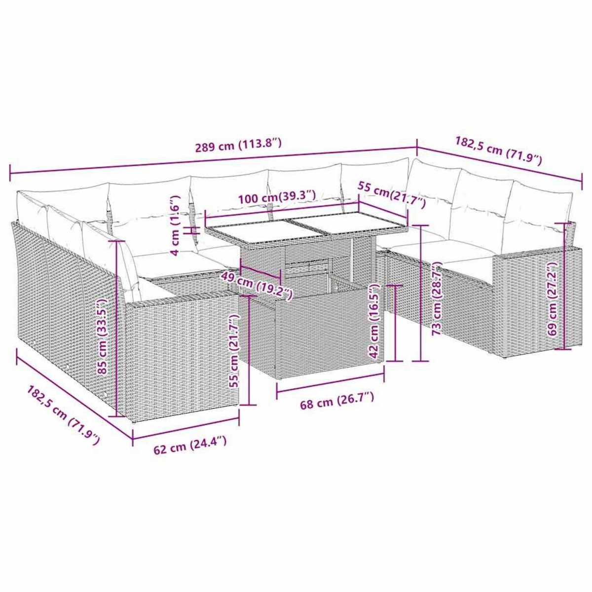 VIDAXL Salon de jardin avec coussins 10 pcs beige resine tressee