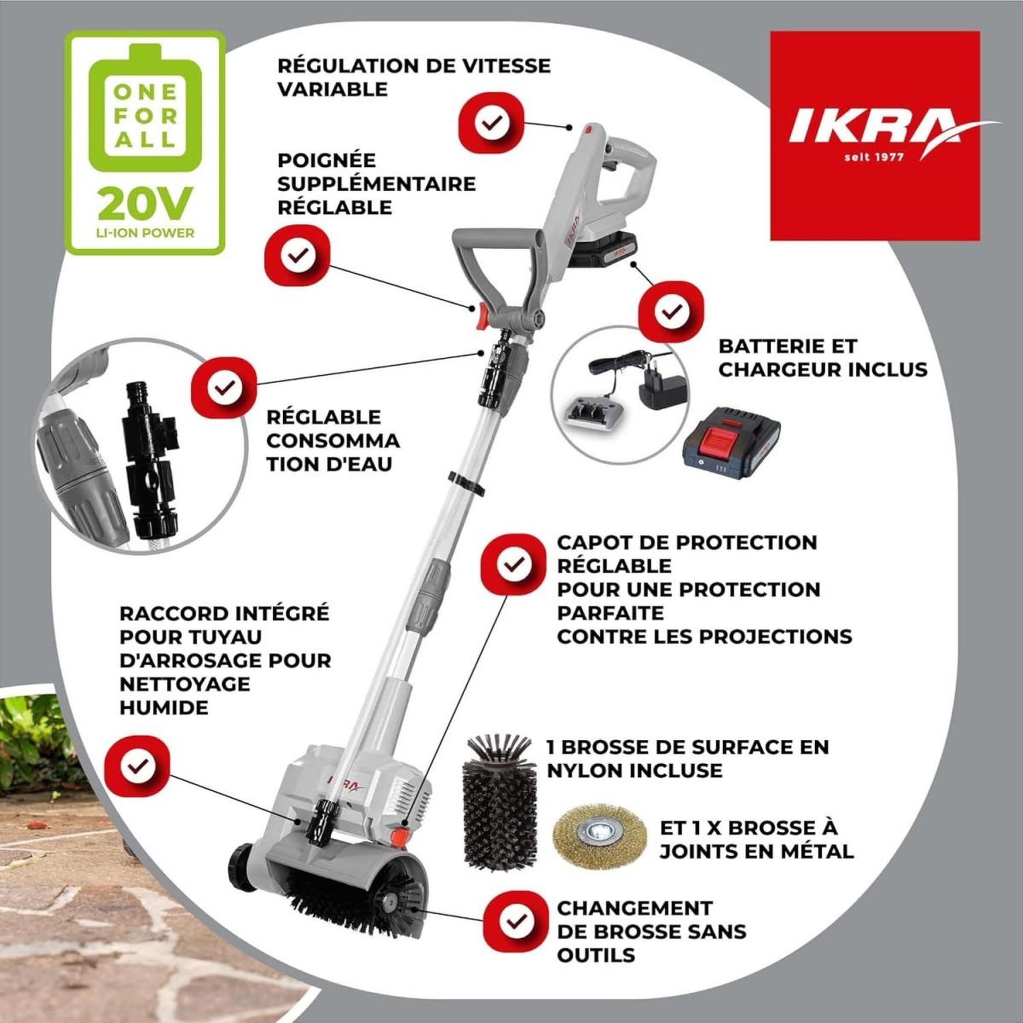 Voir la diapositive 2 : Ikra Nettoyeur de Terrasse sans fil Batterie 20V 2.0Ah Double brosses rotatives + Batterie & Chargeur Raccord tuyau d'eau IKRA