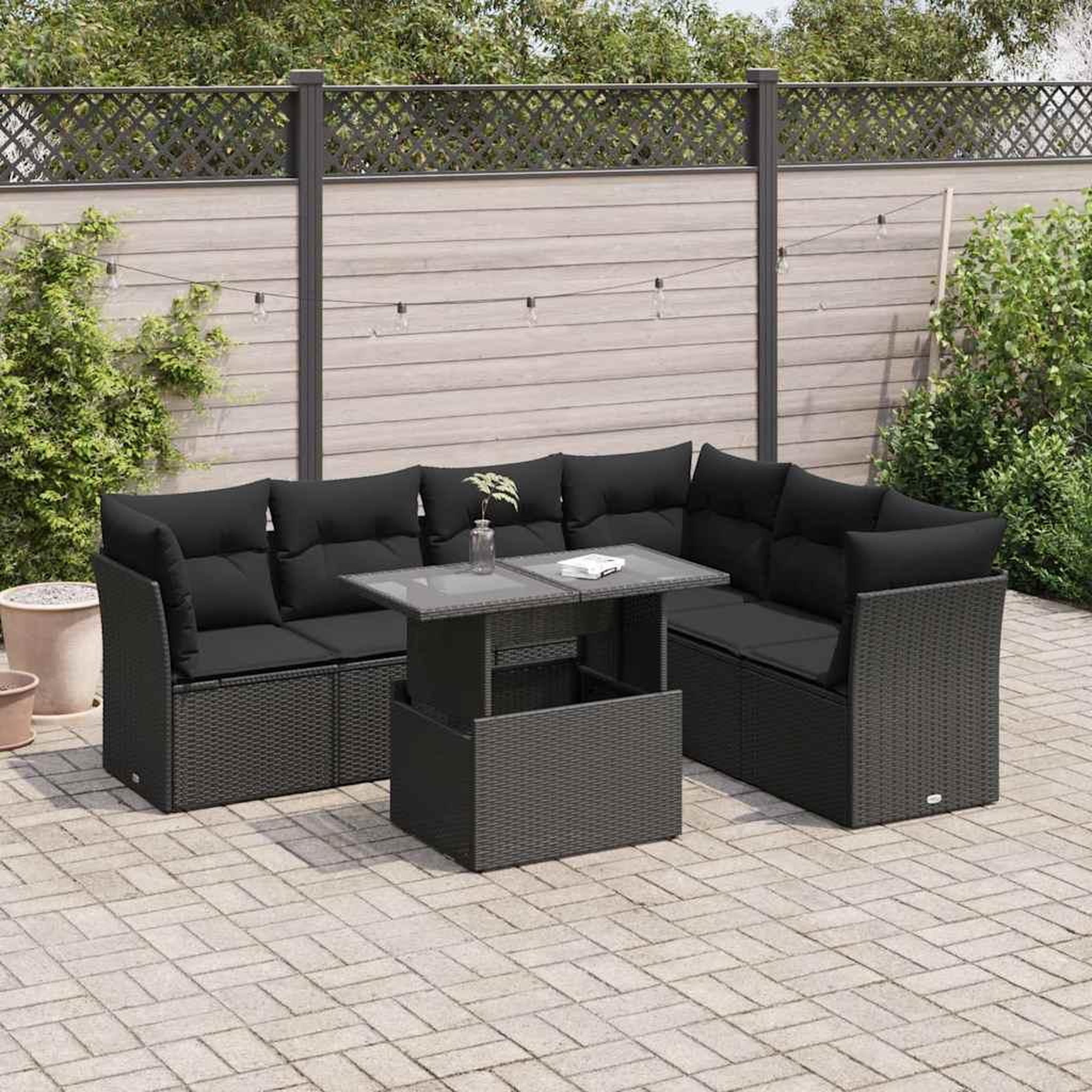 VIDAXL Salon de jardin 7 pcs avec coussins noir resine tressee
