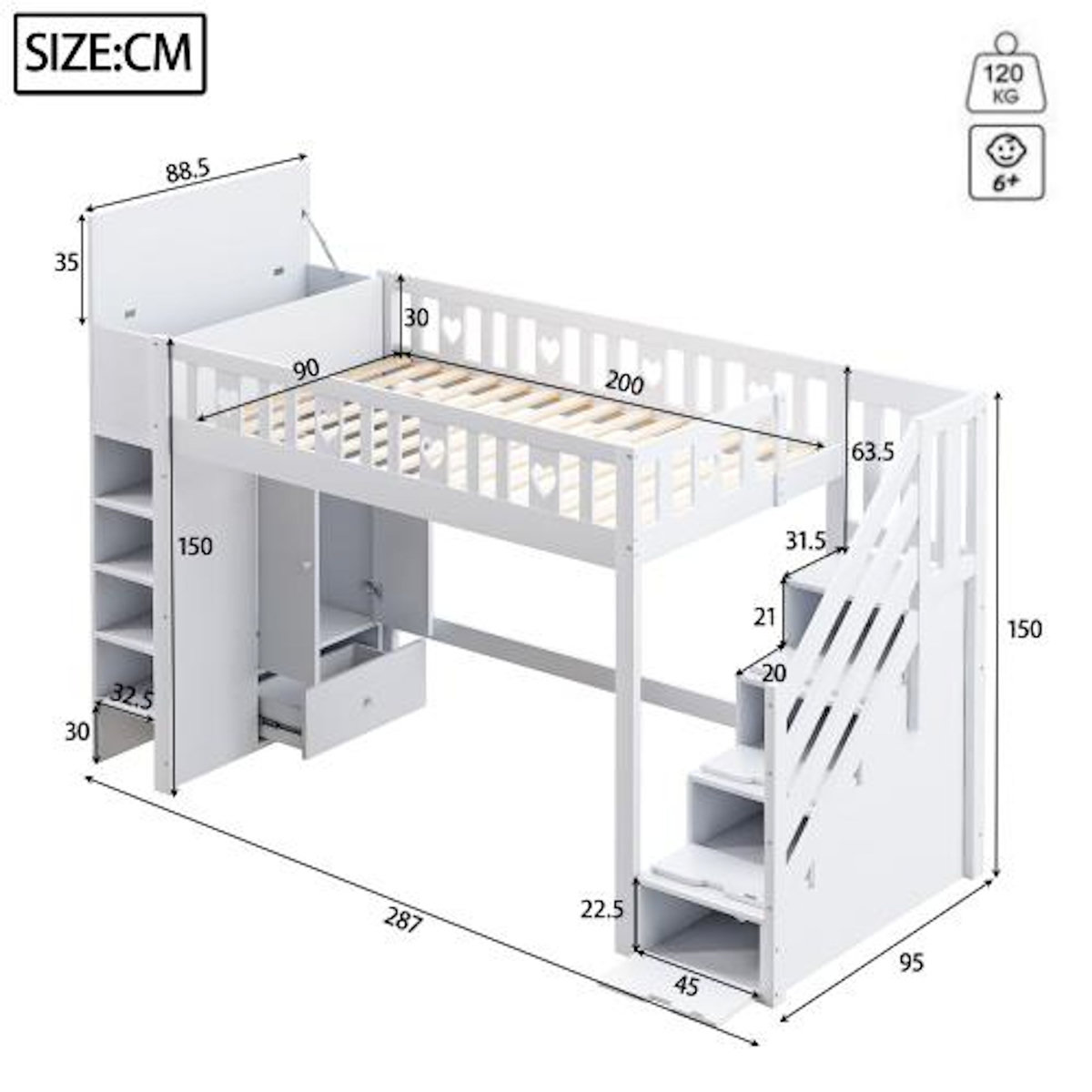 MERAX Lit combiné enfant 90x200 cm coloris blanc pin