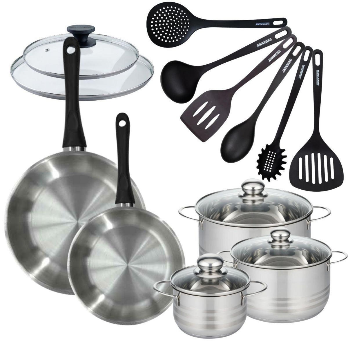 Fackelmann Set de 2 poêles 24 28 cm en inox, couvercles verres, 3 faitouts inox 16, 20 et 24 cm et 6 ustensiles RPET Fackelmann Geneva
