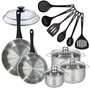 Voir la diapositive 1 : Fackelmann Set de 2 poêles 24 28 cm en inox, couvercles verres, 3 faitouts inox 16, 20 et 24 cm et 6 ustensiles RPET Fackelmann Geneva