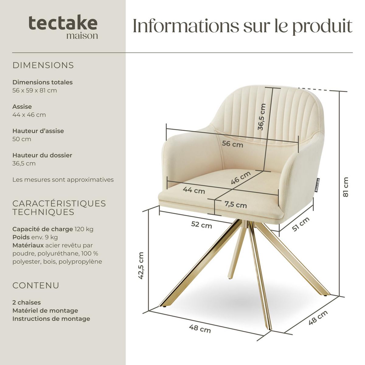 tectake Chaise pivotante en velours rembourrée crème/or Lot de 2