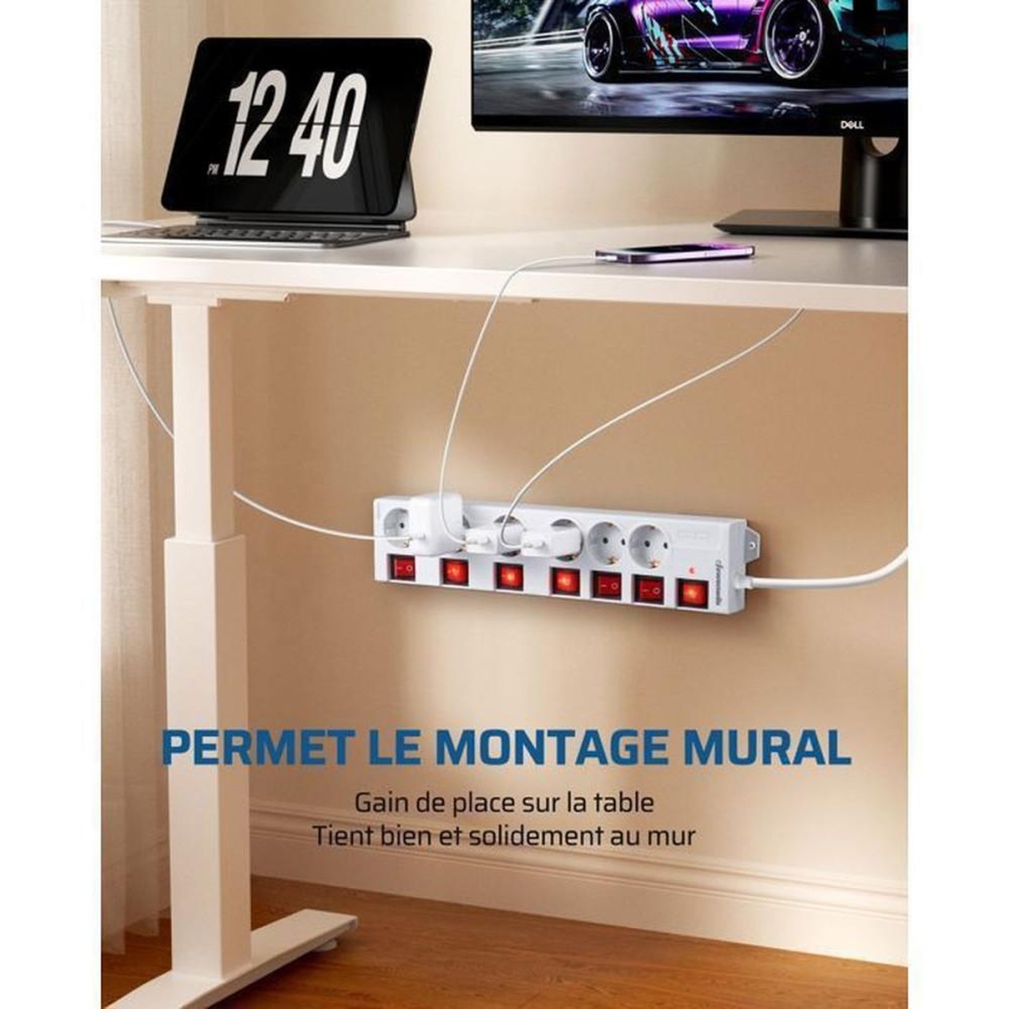 Voir la diapositive 6 : Multiprise parafoudre 6 prises 16A 3680W avec 7 interrupteurs bipolaires et câble 2 m blanche