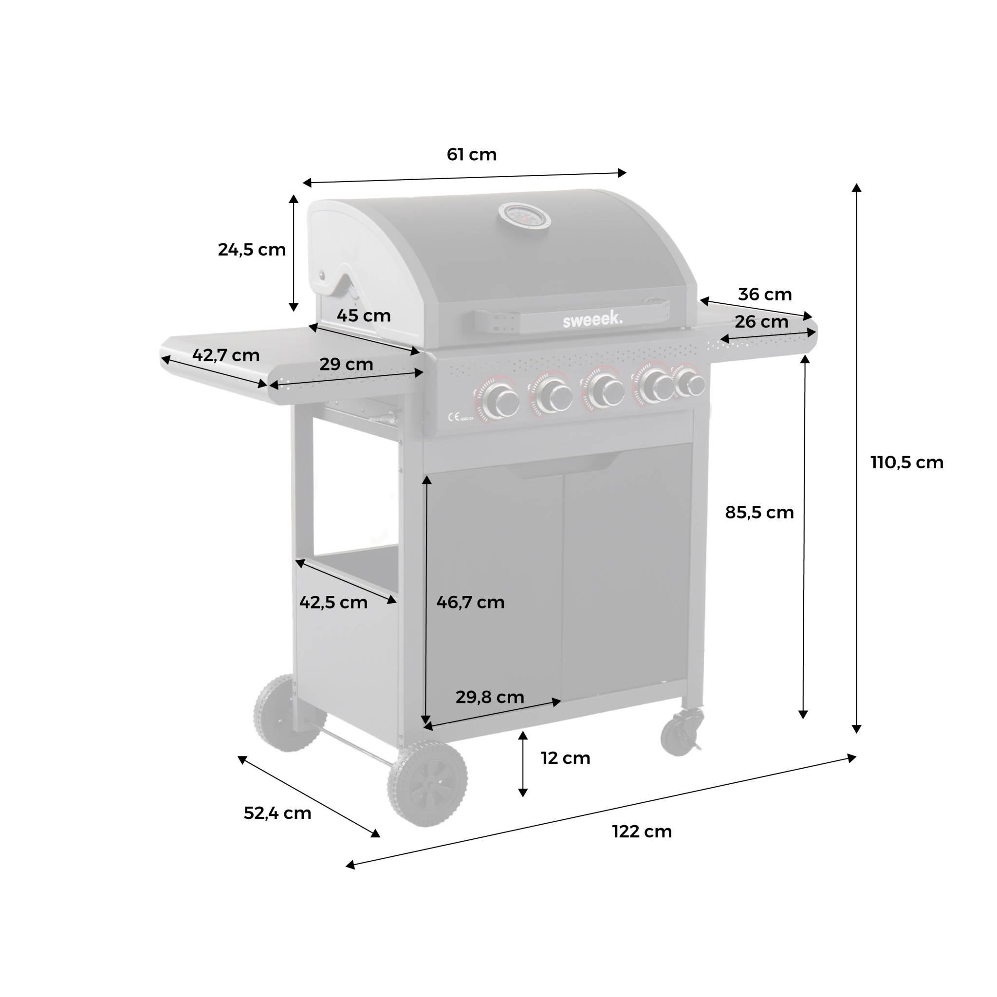 Voir la diapositive 4 : SWEEEK Barbecue au gaz Edmond noir. 4 brûleurs + 1 feu latéral. avec thermomètre. L 122x P62 x H143 cm
