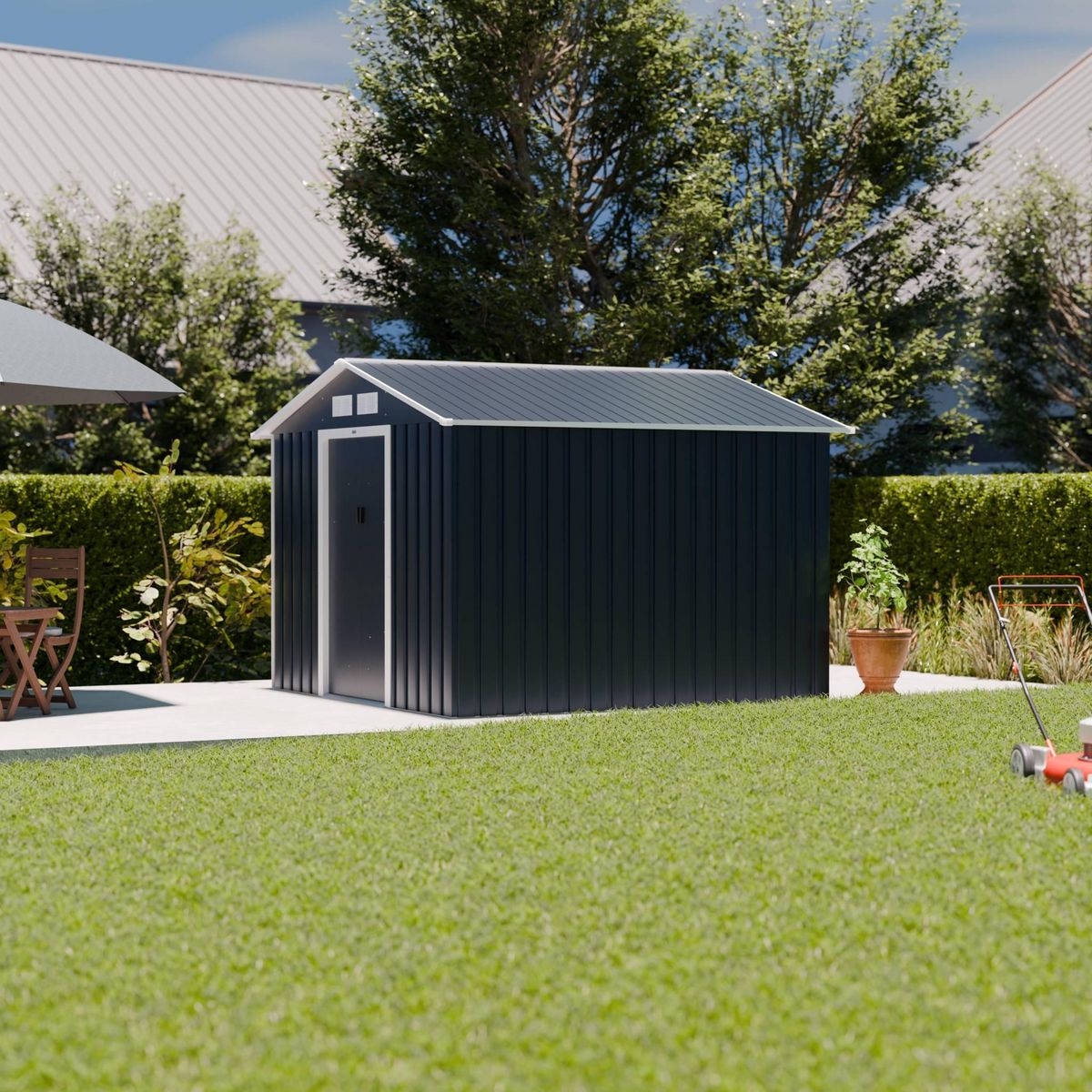 SWEEEK Abri de jardin en métal - Calaisis - 7.06m² gris anthracite et blanc - Cabane à outils avec deux portes coulissantes. kit de fixation sol inclus. maison de rangement. remise