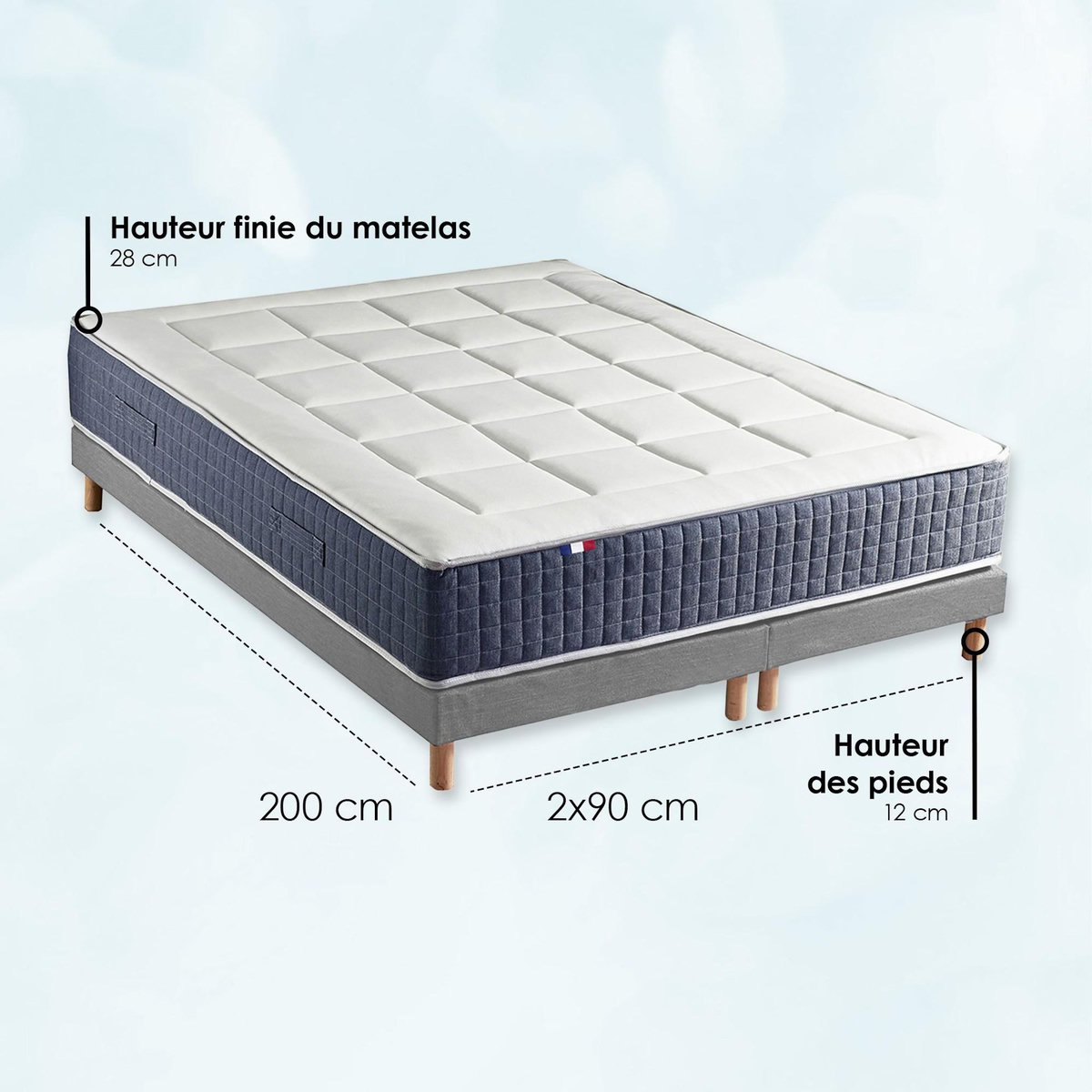 IDLITERIE Ensemble Matelas Ressort 7 zones + Mémoire de forme + Sommier KING STYLE Fabriqué en France