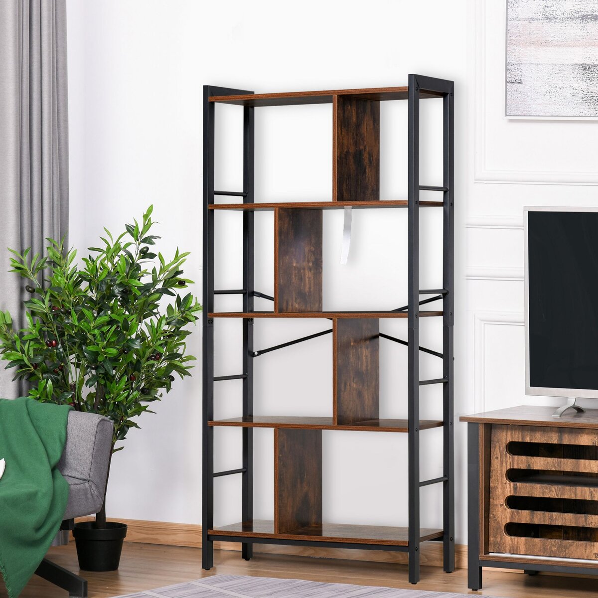 HOMCOM Bibliothèque, Étagère de Rangement à 4 Niveaux style industriel panneaux particules aspect vieux bois métal noir