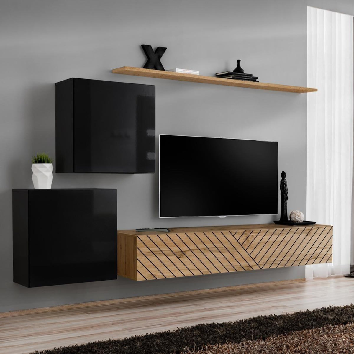 Paris Prix Ensemble Meuble TV  Switch Lamel V  250cm Naturel & Noir