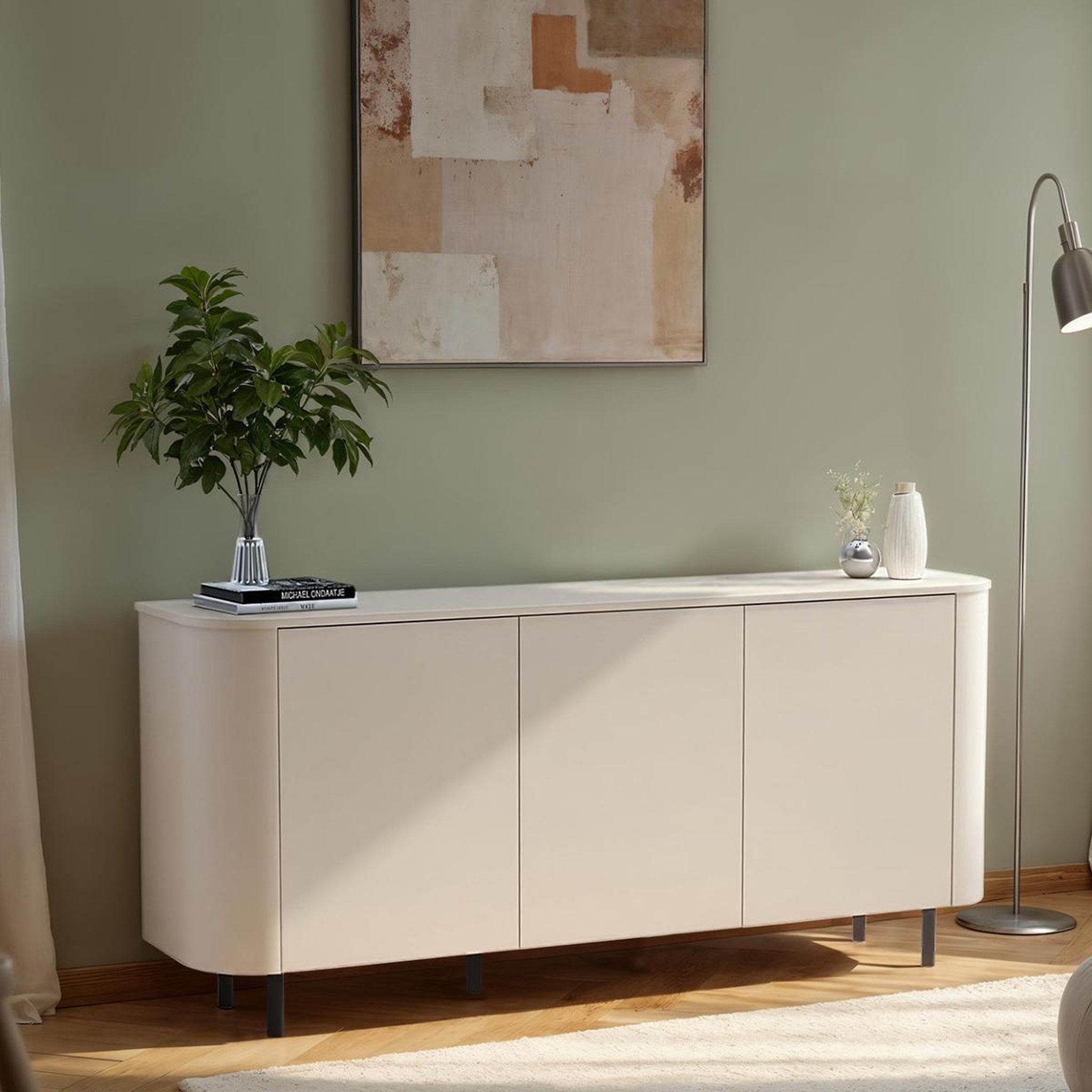 Voir la diapositive 2 : JLC KREATION Buffet bas arrondi beige cachemire 180cm olga