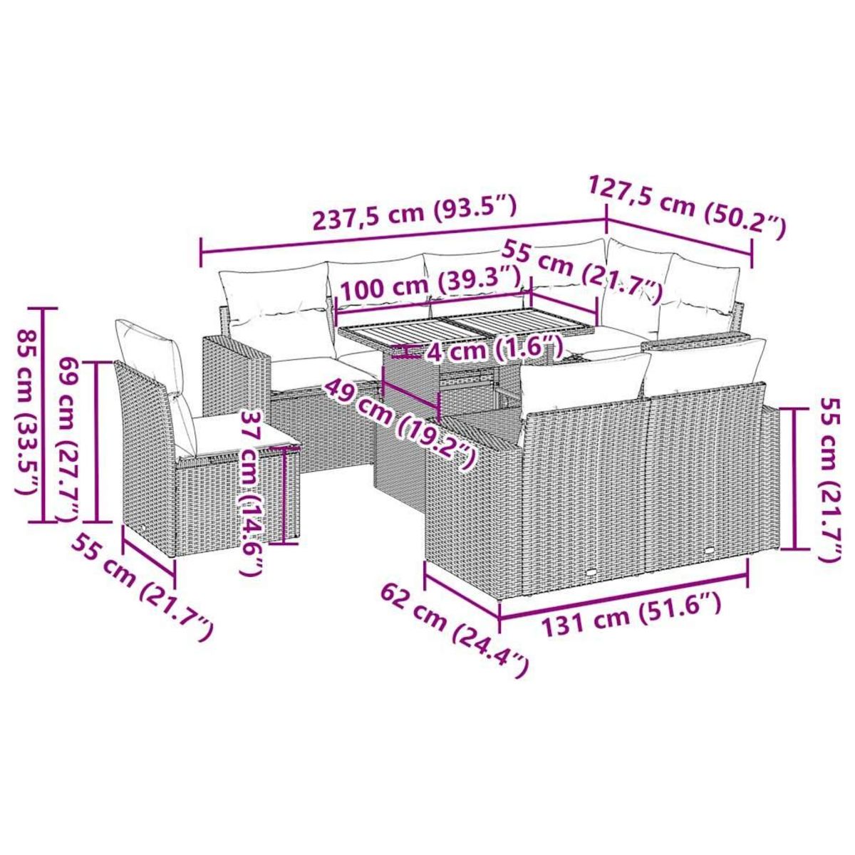 VIDAXL Salon de jardin avec coussins 9 pcs beige resine tressee