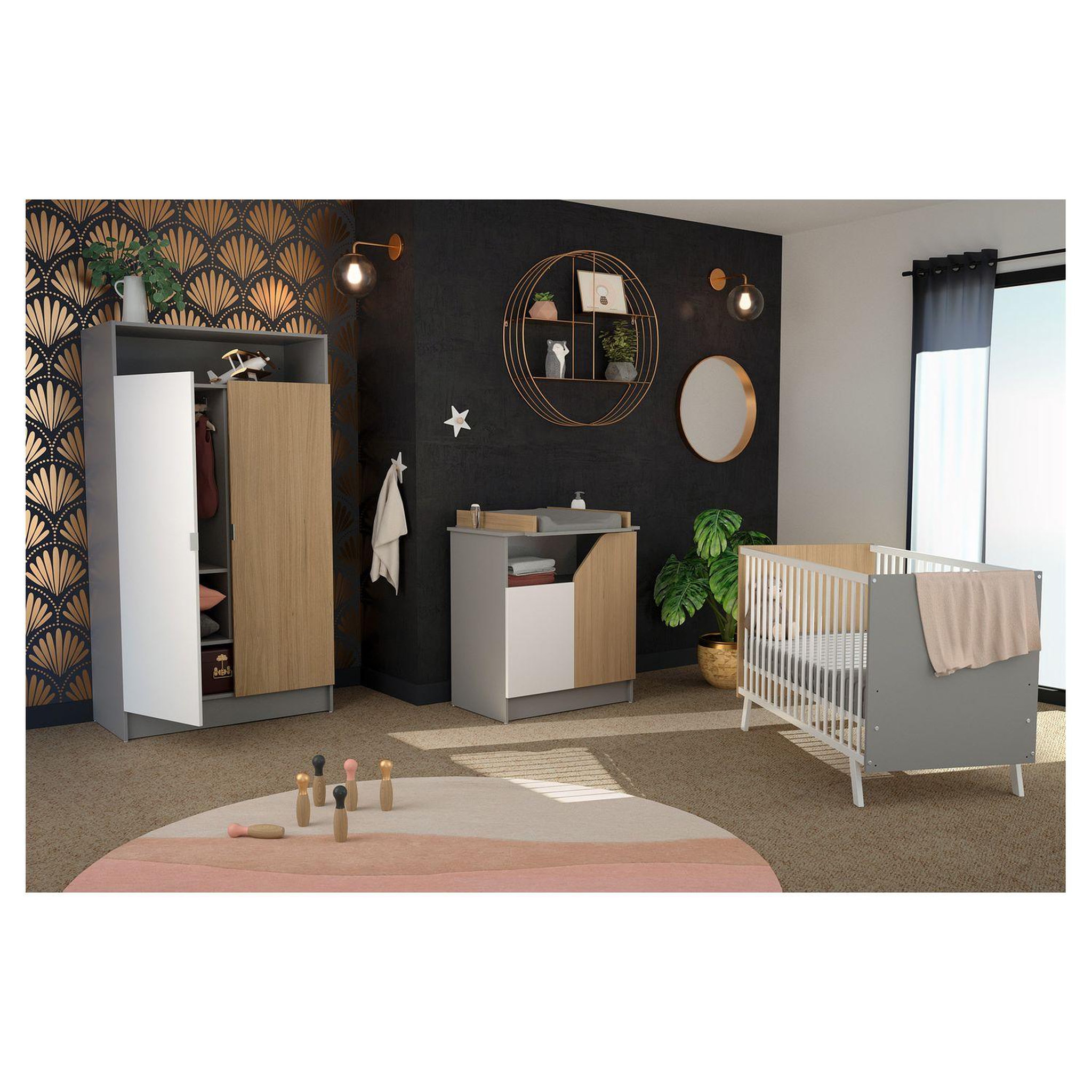 AT4 Chambre complète CARNAVAL Blanc, Gris et Chêne : Lit 60x120 cm + Commode À Langer + Armoire