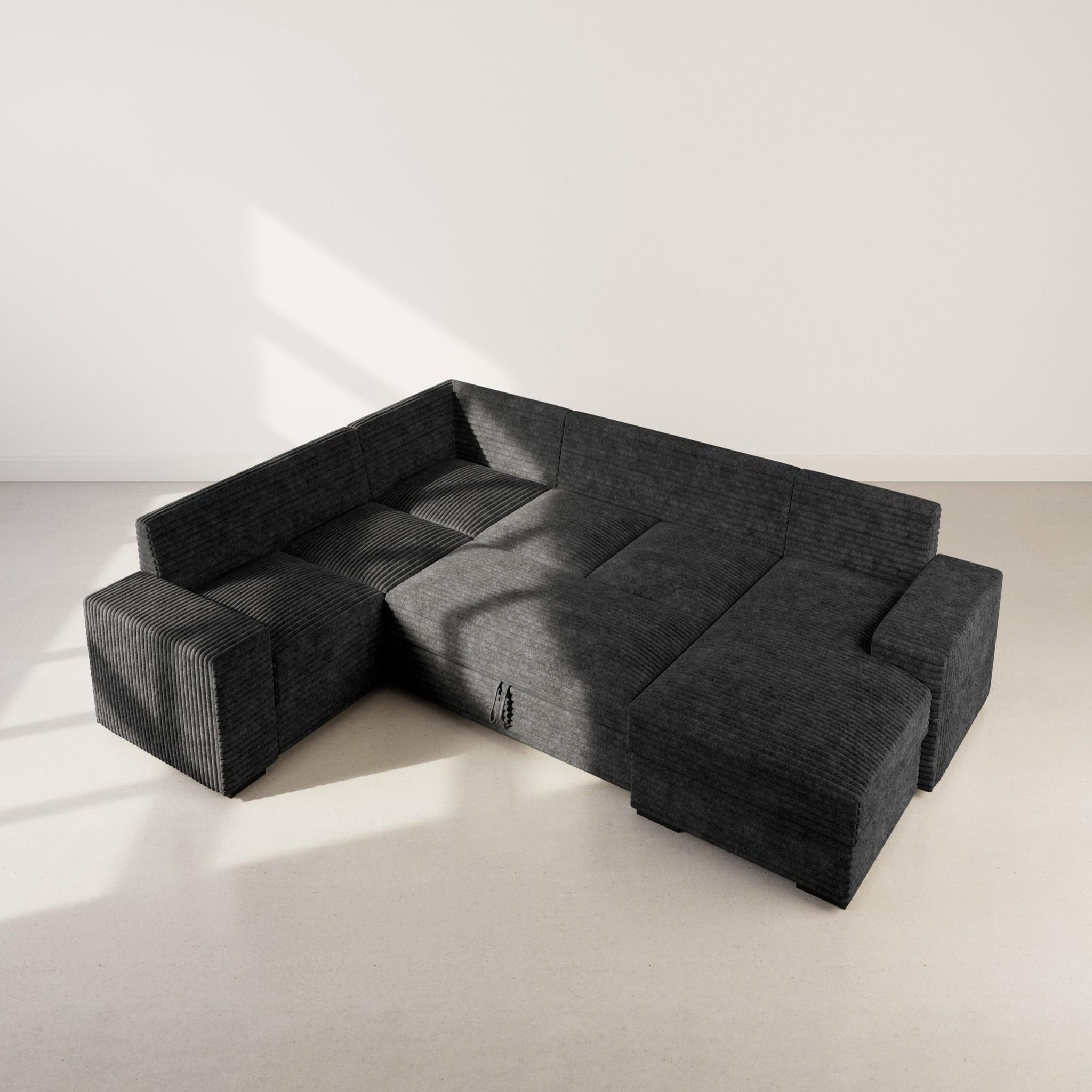 Voir la diapositive 5 : BEST MOBILIER Lorie - canapé panoramique d'angle gauche 7 places convertible en velours côtelé grosse côte avec coffre