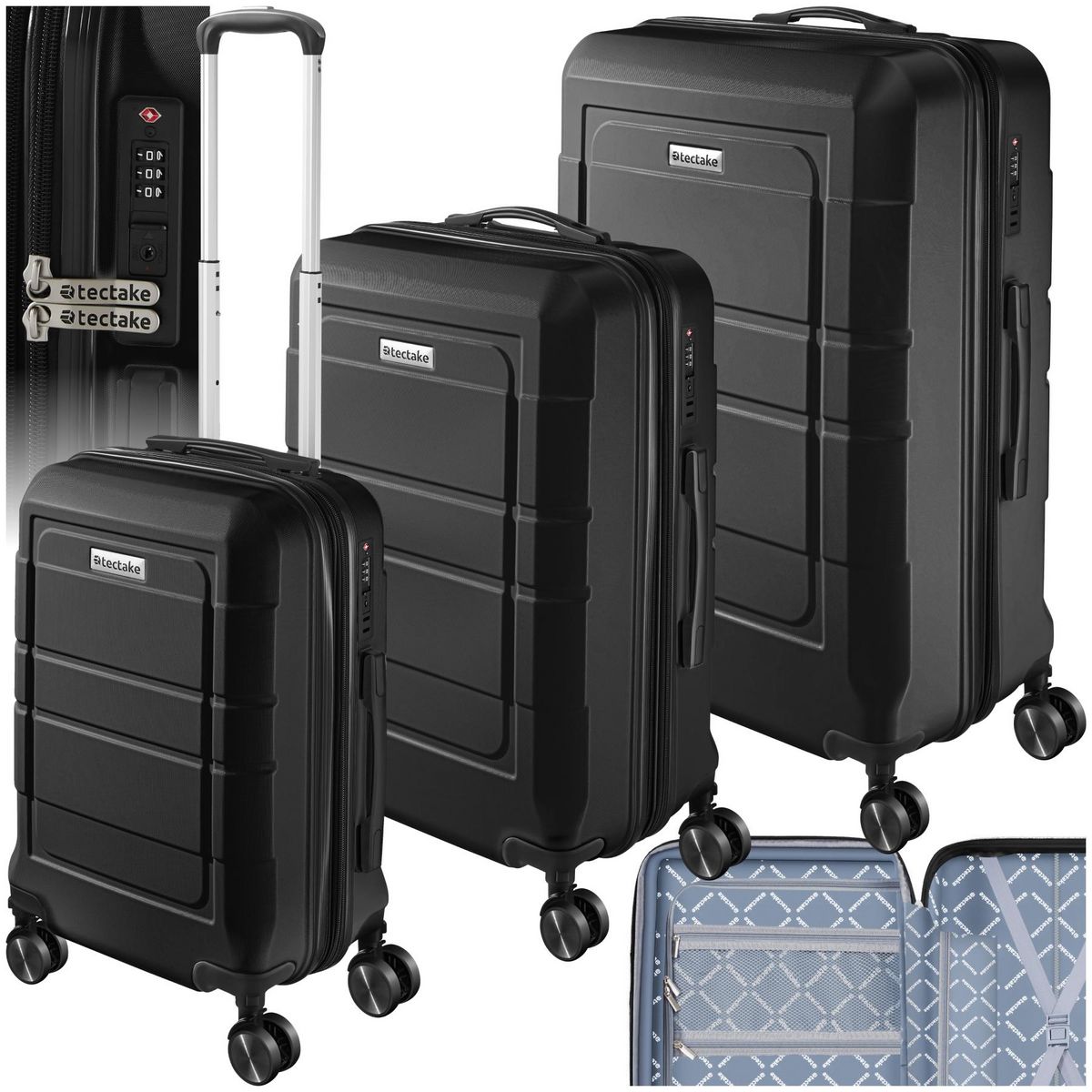 tectake Set de valises de voyage 3 pièces en plastique ABS robuste avec revêtement en polycarbonate noir