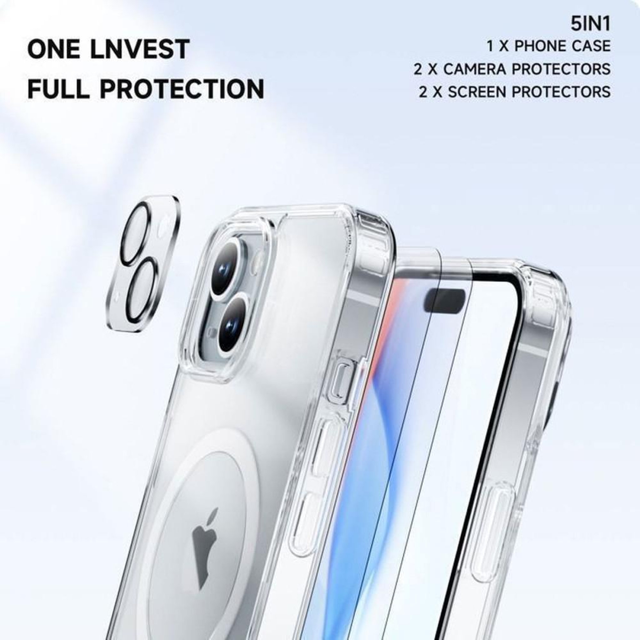 Voir la diapositive 3 : Boîtier iPhone 15 en TPU transparent 5-en-1 avec protections d'écran en verre trempé et protections caméra, compatible MagSafe