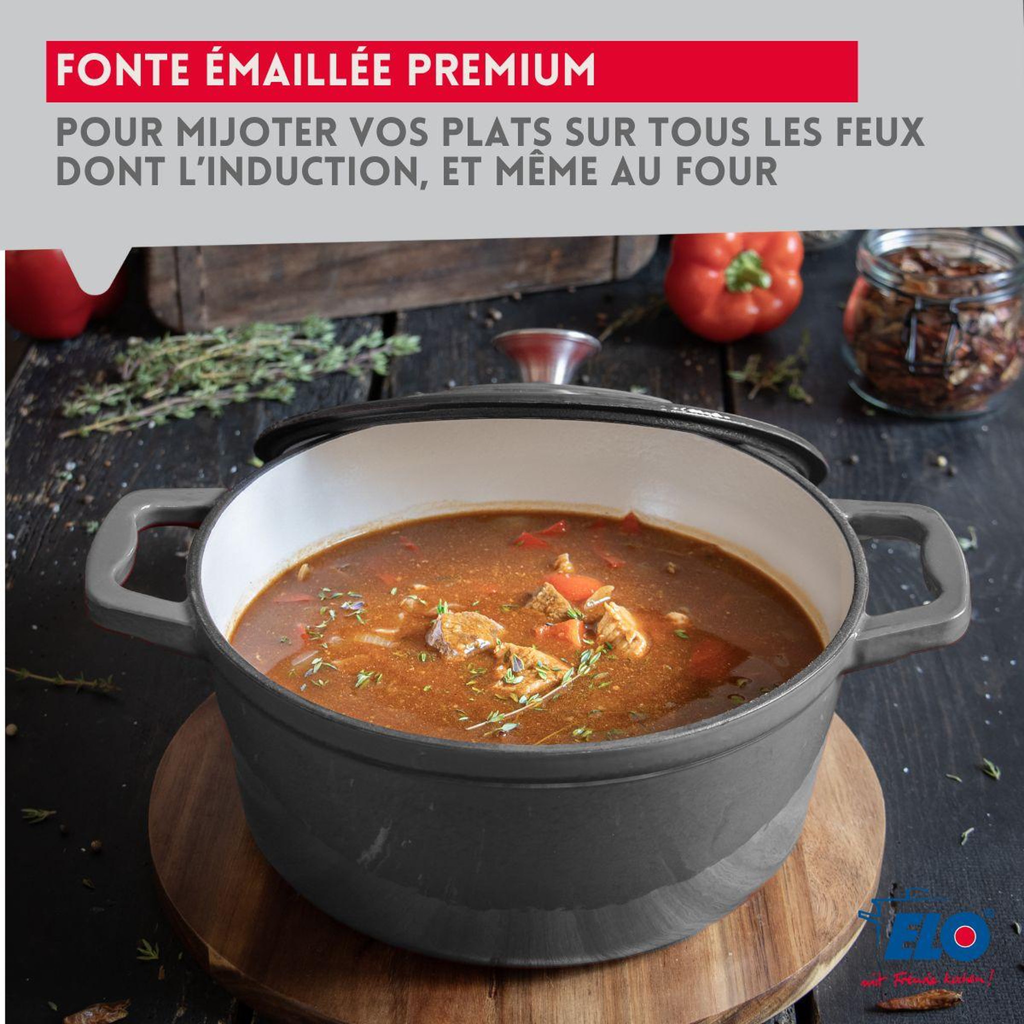 Voir la diapositive 4 : ELO Cocotte 26 cm en fonte émaillée gris classique 4.5 l elo