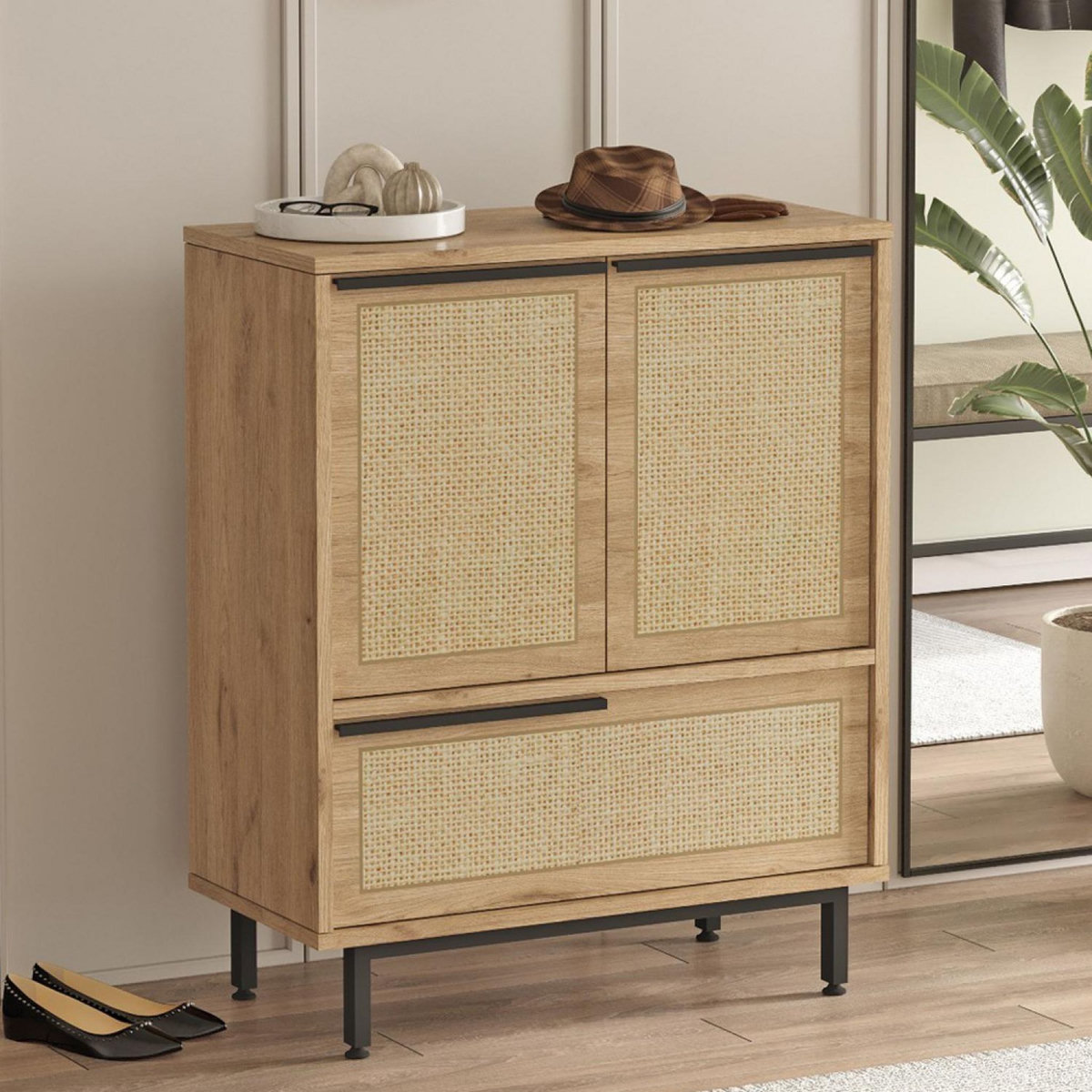 CONCEPT USINE Meuble à chaussures 3 portes finition bois et cannage 75x90cm ABA