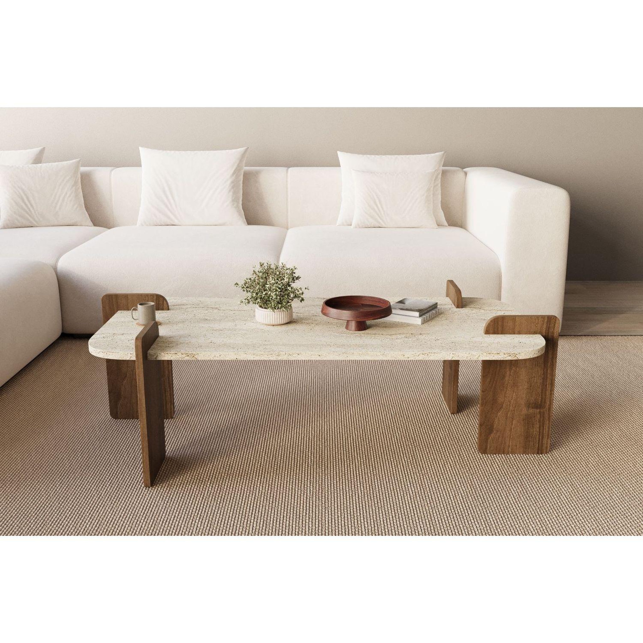 Voir la diapositive 2 : TOILINUX Table basse effet travertin et bois foncé romane - marron et beige