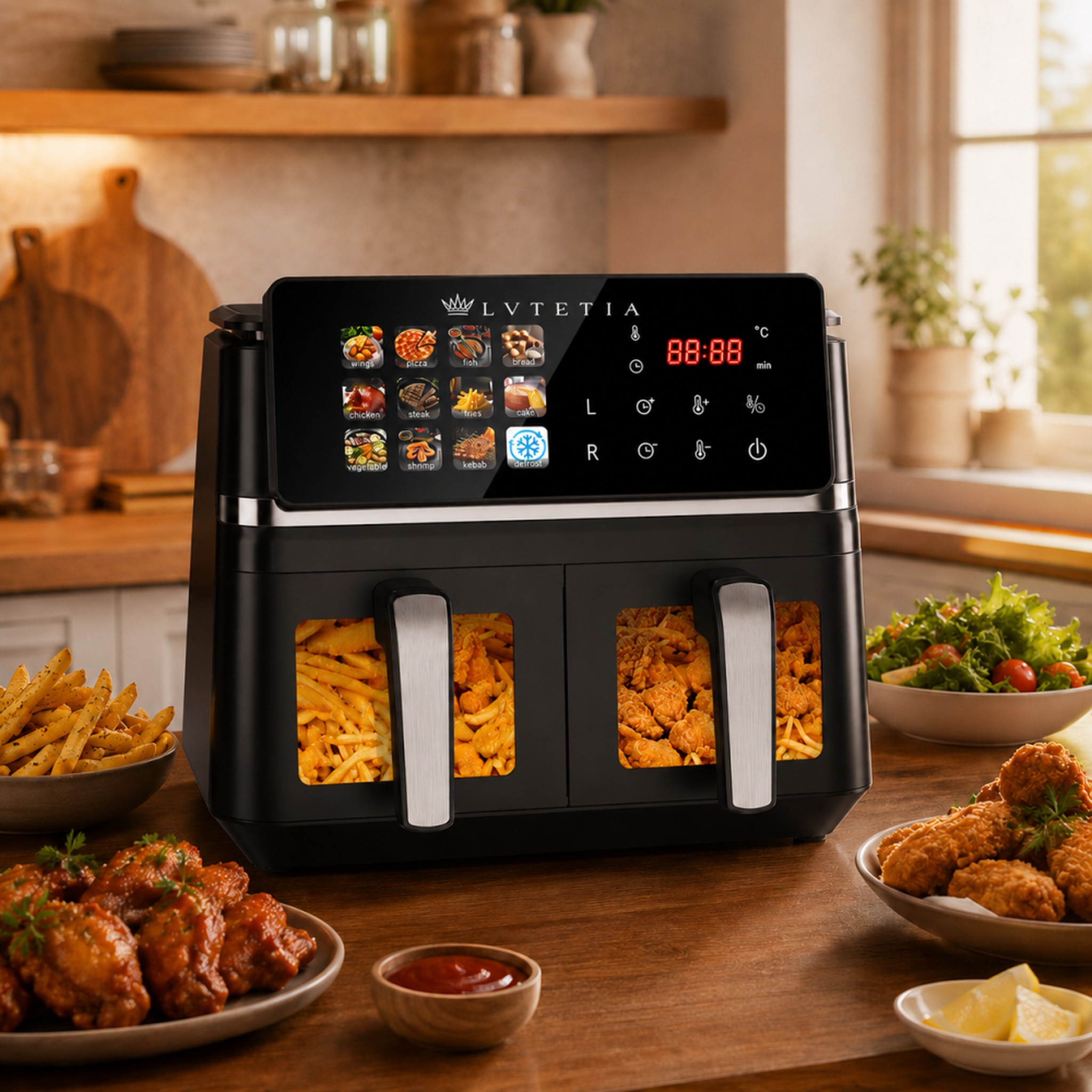 Voir la diapositive 5 : LVTETIA Air Fryer BW-IP8018D, friteuse sans huile grande capacité 9L, 2000W, double panier avec fenêtre