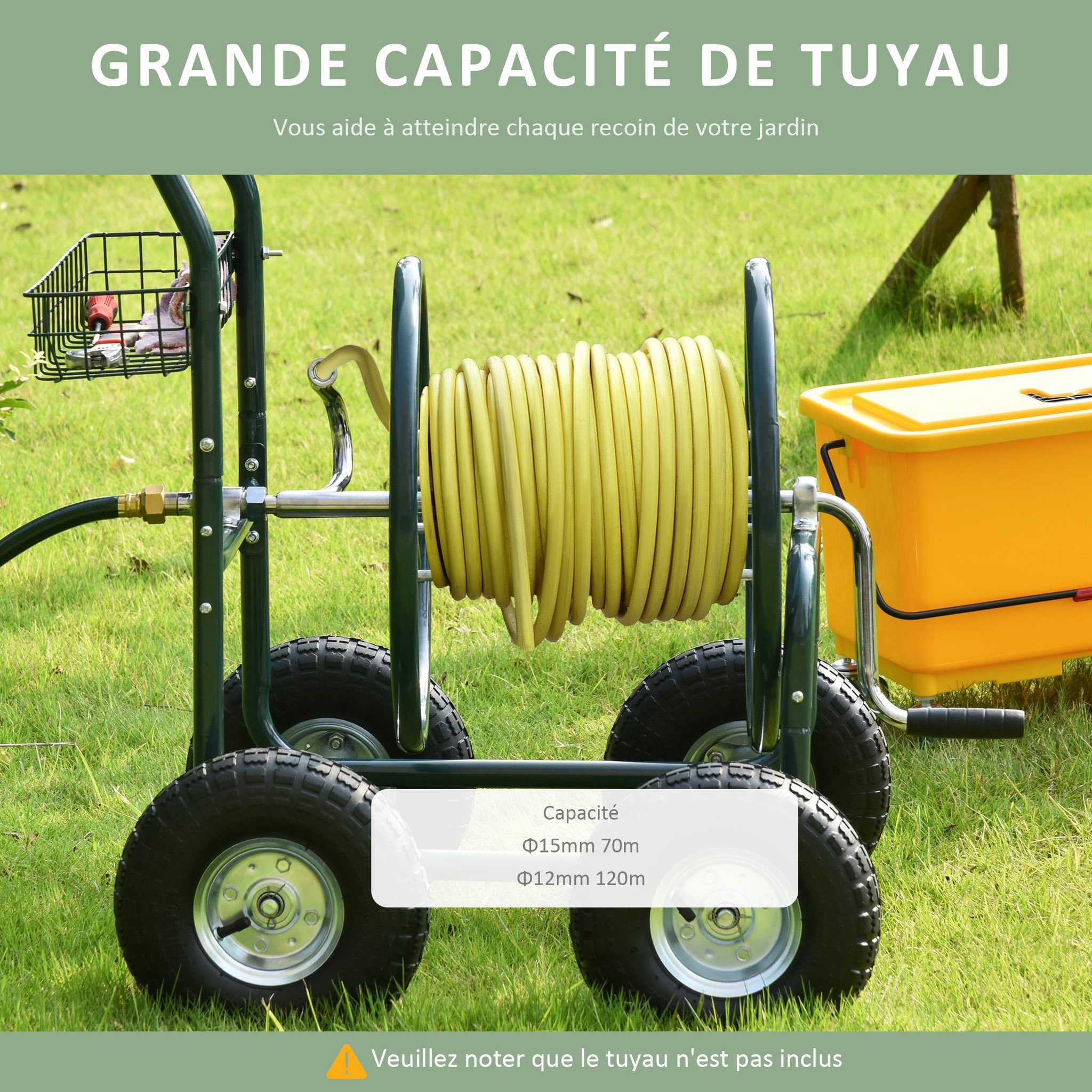 Voir la diapositive 4 : OUTSUNNY Dévidoir sur roues 70 m - dévidoir métal - dévidoir chariot - enrouleur tuyau d'arrosage - poignée antidérapante, panier rangement - métal vert