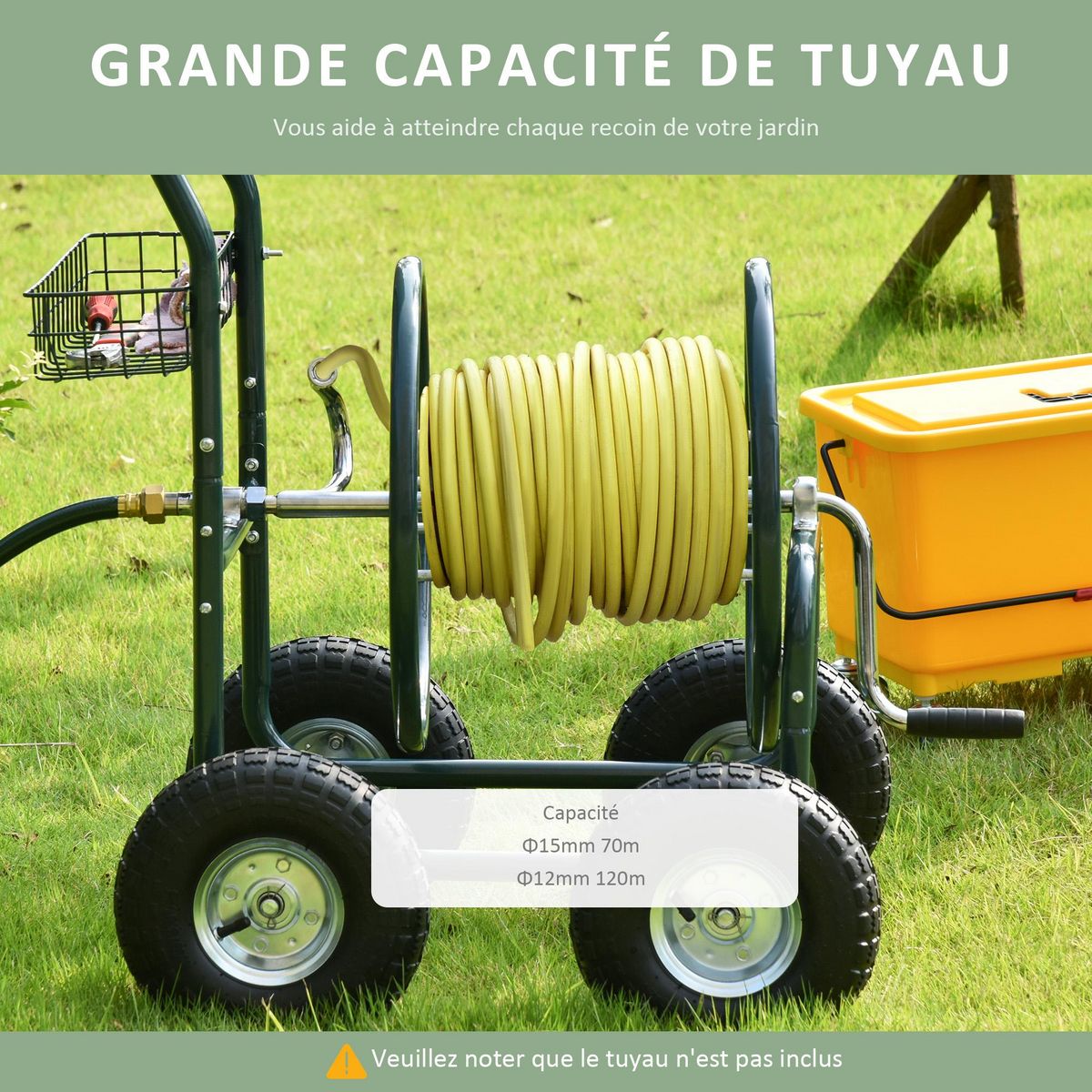 OUTSUNNY Dévidoir sur roues 70 m - dévidoir métal - dévidoir chariot - enrouleur tuyau d'arrosage - poignée antidérapante, panier rangement - métal vert