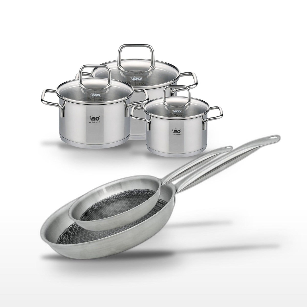 ELO Lot 2 Poêles 28/24 cm et 3 Faitouts 16/14/12 cm Elo Relief Solution