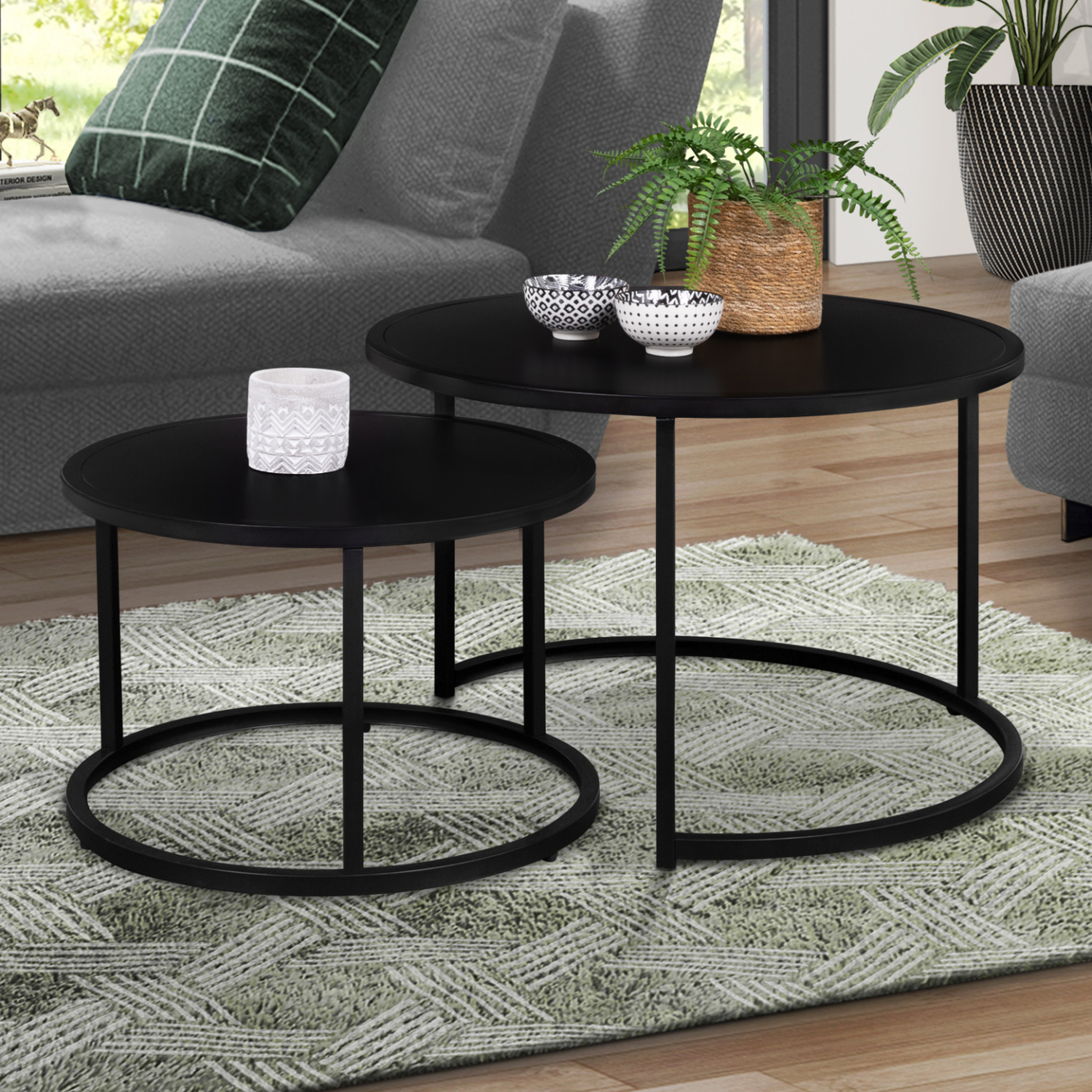 Voir la diapositive 2 : ID MARKET Lot de 2 tables basses gigognes davis rondes 54/70 en métal noir mat design industriel