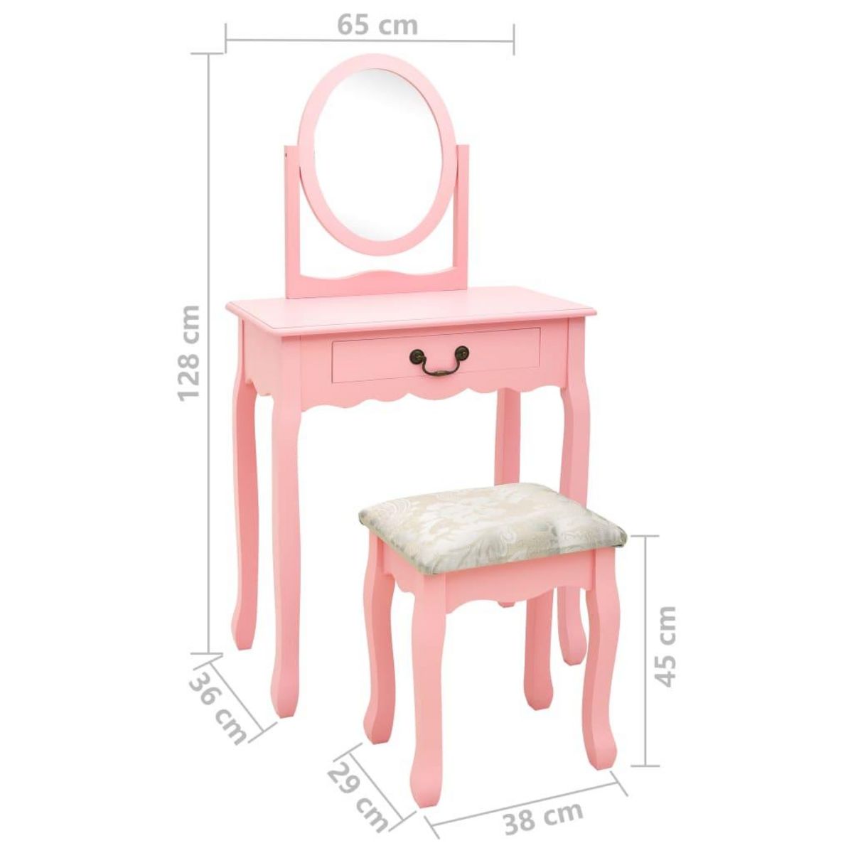 VIDAXL Coiffeuse et tabouret Rose 65x36x128 cm Bois de paulownia MDF