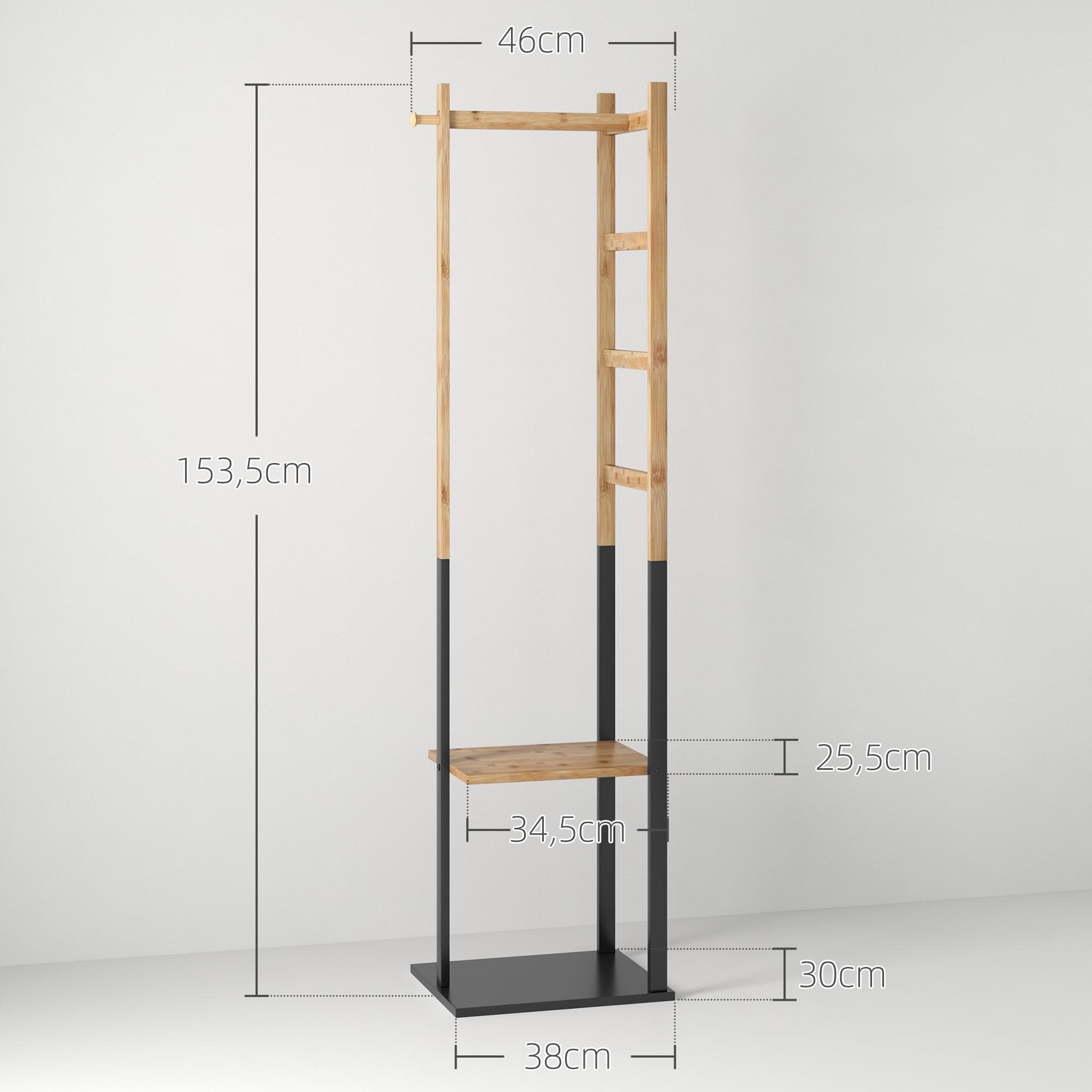 Voir la diapositive 2 : HOMCOM Portant pour vêtements en bambou, porte-manteau en bois avec tringle, étagères, patère, 4 barres latérales dim. 46l x 28,5l x 153,5h cm