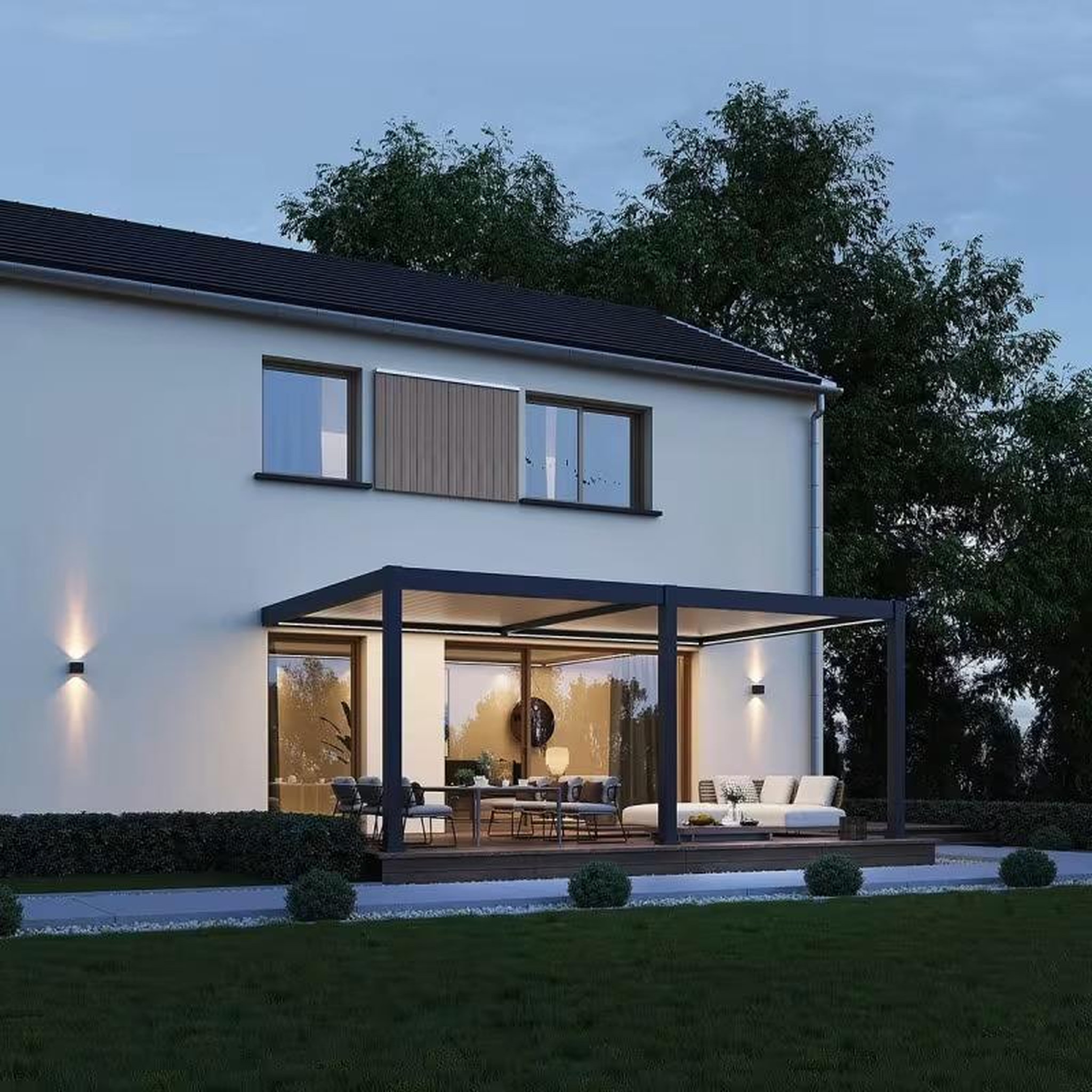 CENTRALE BRICO Pergola bioclimatique motorisée adossée 6 x 4 m - aluminium anthracite et lames blanches - kit LED inclus
