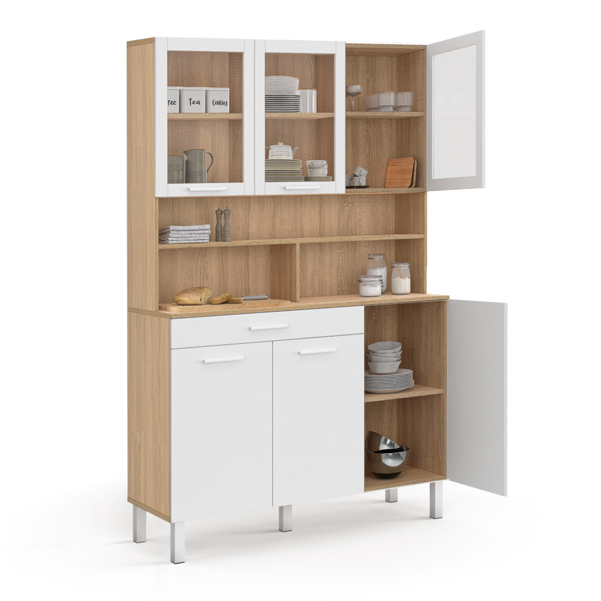 ID MARKET Buffet de cuisine vitré 120 CM CINA 6 portes + tiroir façon hêtre et blanc