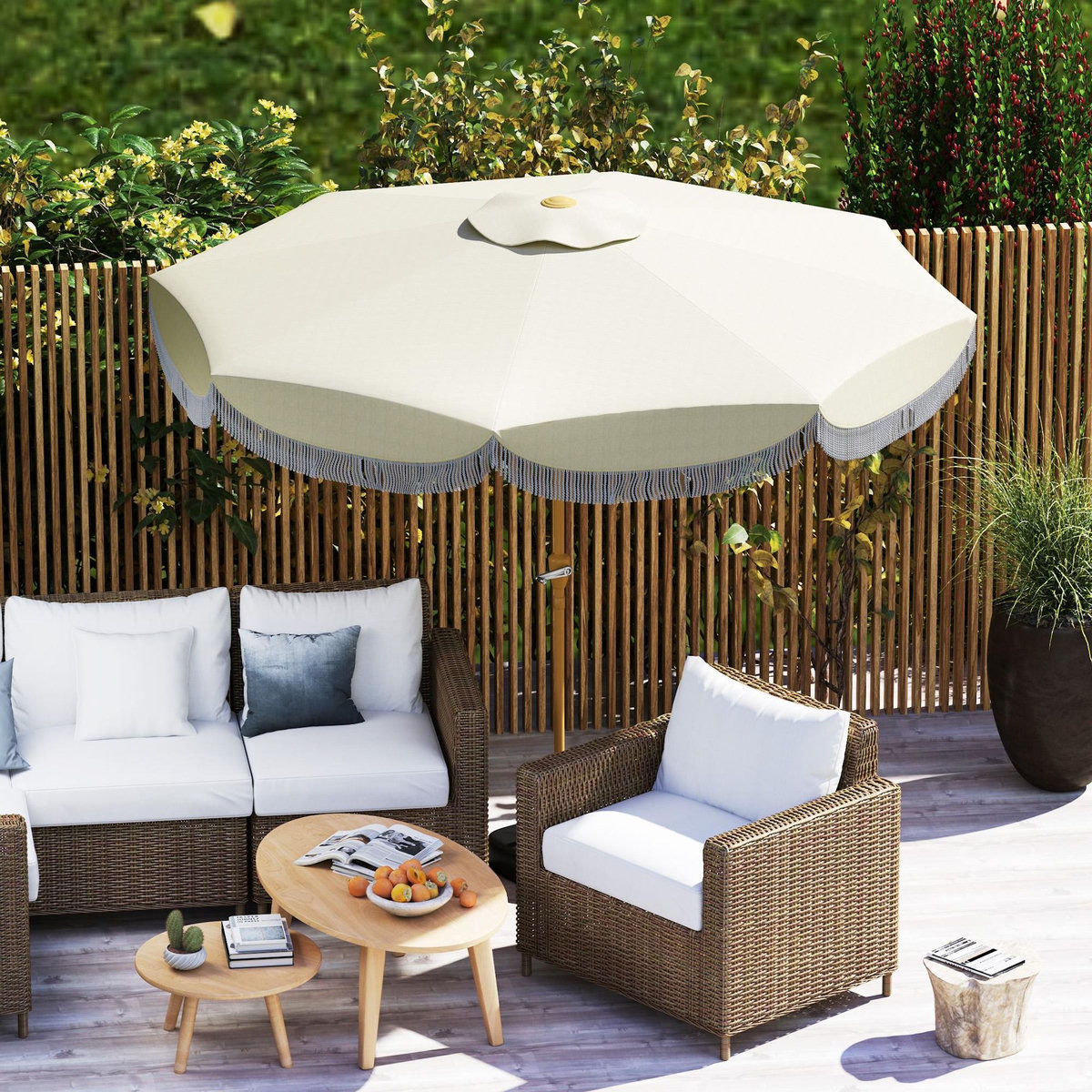 OUTSUNNY Parasol de jardin extérieur parasol inclinable rond Ø2,7 x 2,4 m parasol droit avec ouverture fermeture manivelle, franges, toile 180 g/m² protection UPF 30+, pour balcon, terrasse, bleu