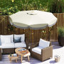 Voir la diapositive 4 : OUTSUNNY Parasol de jardin extérieur parasol inclinable rond Ø2,7 x 2,4 m parasol droit avec ouverture fermeture manivelle, franges, toile 180 g/m² protection UPF 30+, pour balcon, terrasse, bleu