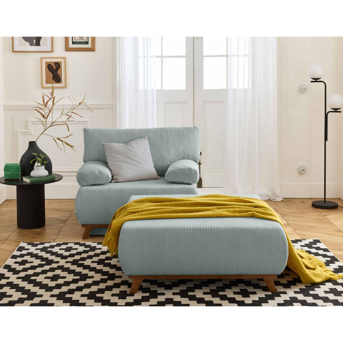 BEST MOBILIER Cristal - fauteuil - convertible avec coffre et grand pouf - en velours côtelé