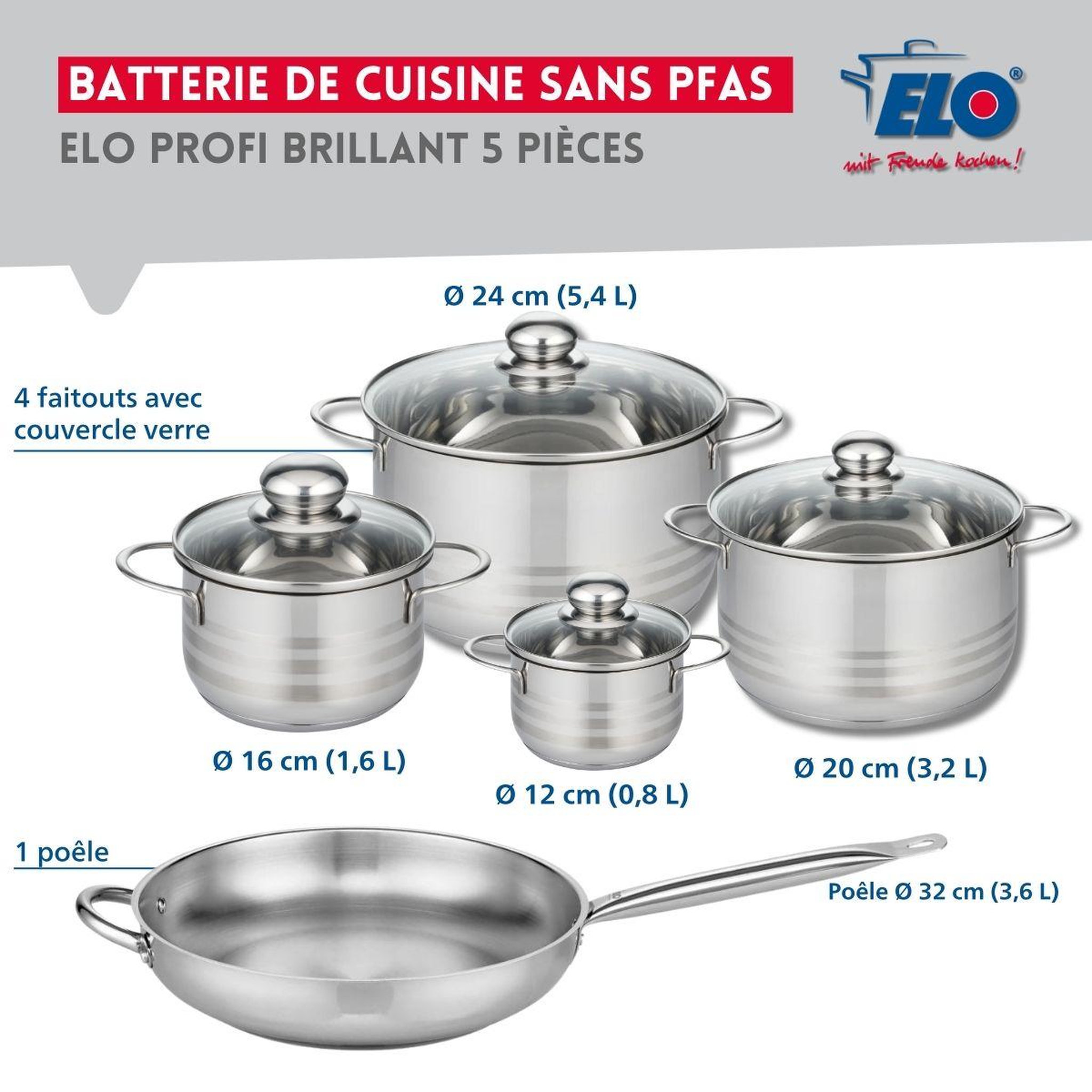 Voir la diapositive 2 : ELO Ensemble de 1 poêle de cuisson 32 cm et 4 faitouts 12, 16, 20 et 24 cm elo profi brillant