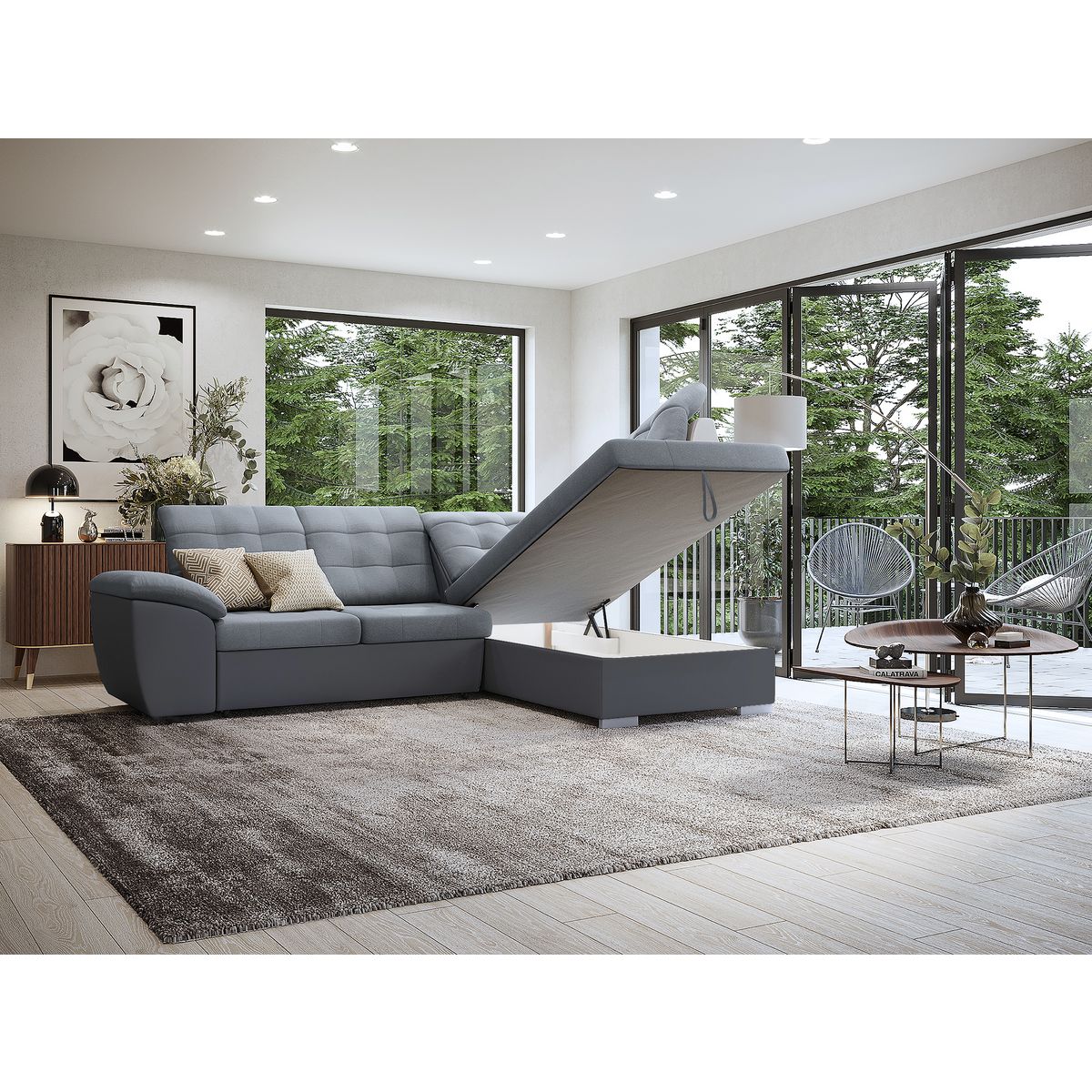 Canapé d'angle droit convertible avec coffre et têtières réglables PU gris et tissu gris RECITAL 