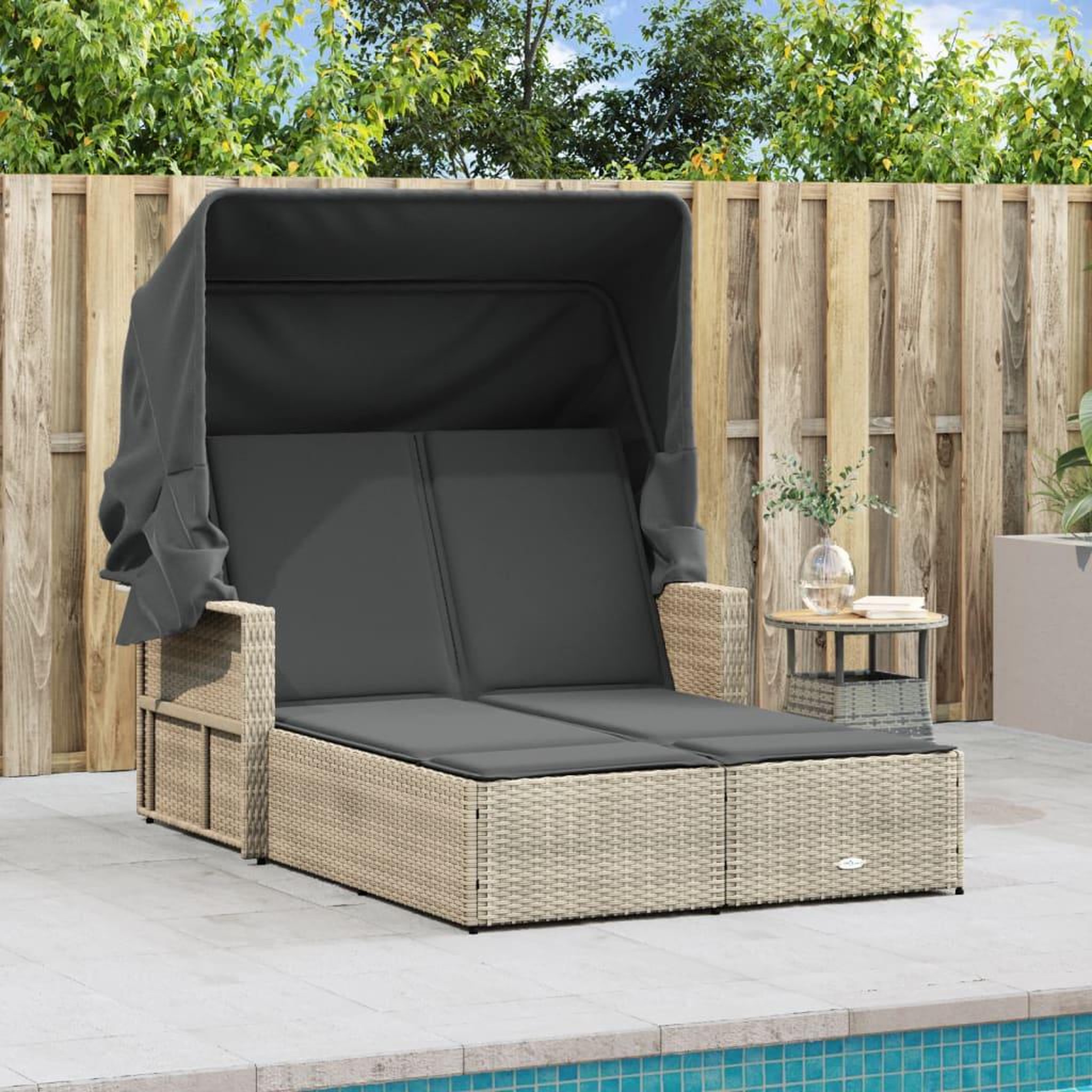 Voir la diapositive 3 : VIDAXL Chaise longue double avec auvent et coussins gris clair rotin
