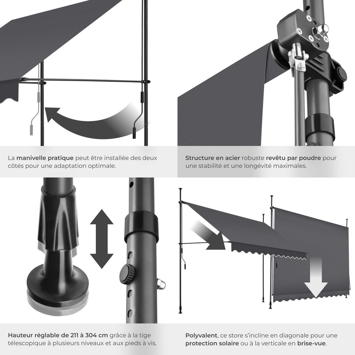 tectake Store à pince sans perçage avec manivelle noir/gris 300 x 180 cm