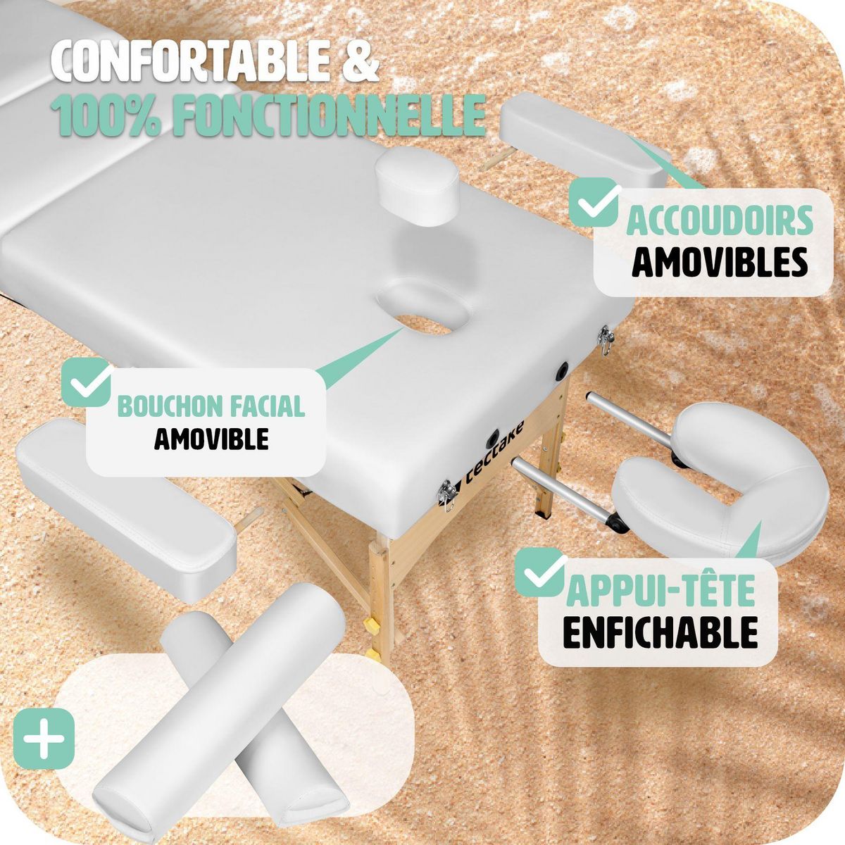 tectake Ensemble de table de massage à 3 zones Somwang avec rembourrage de 7,5 cm d'épaisseur, rouleaux et cadre en bois