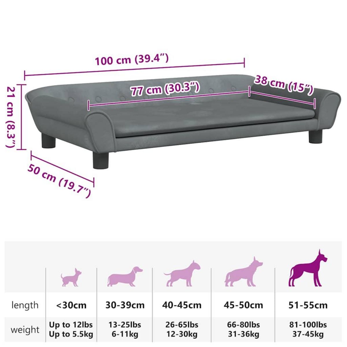 VIDAXL Lit pour chien gris fonce 100x50x21 cm velours