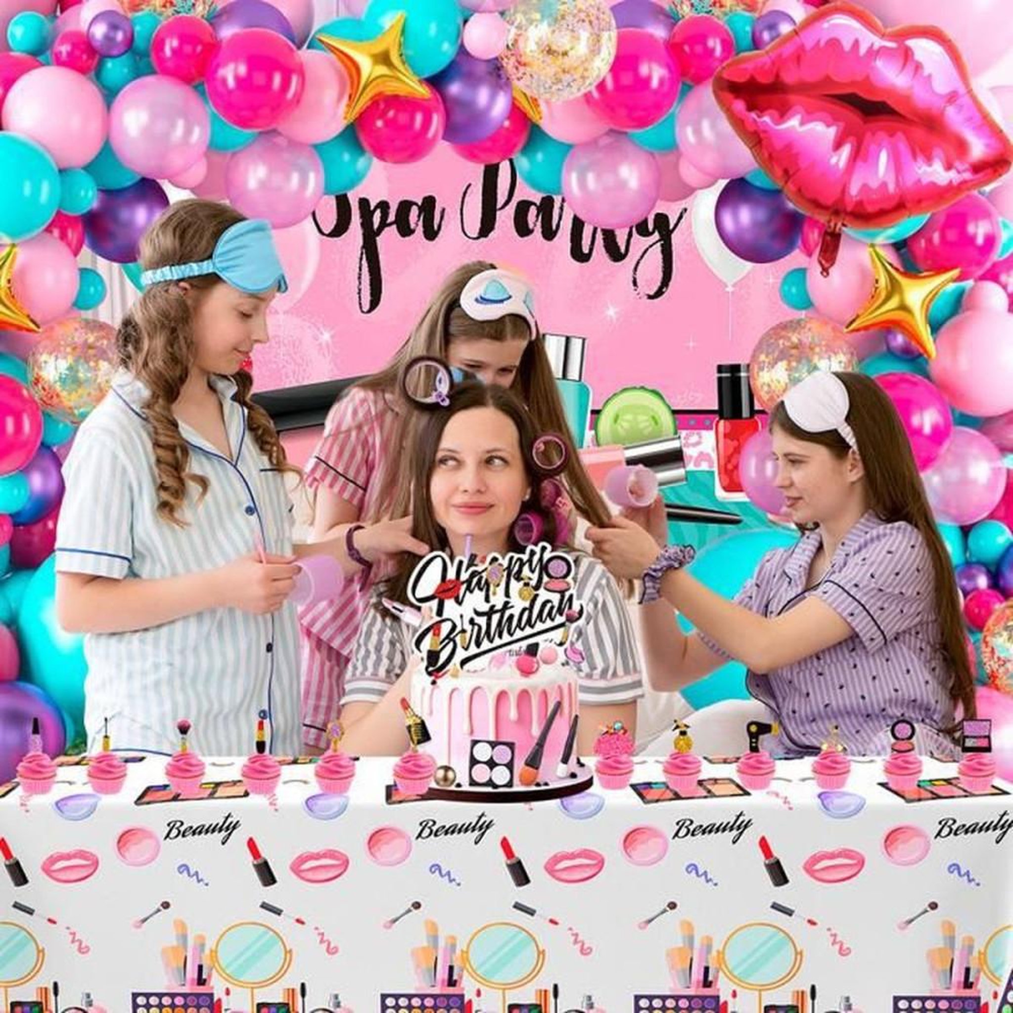 Voir la diapositive 5 : Set ballons déco thème Spa Party avec lettres et icônes maquillage multicolores rose, turquoise, violet, blanc, doré, rouge et magenta, réutilisables