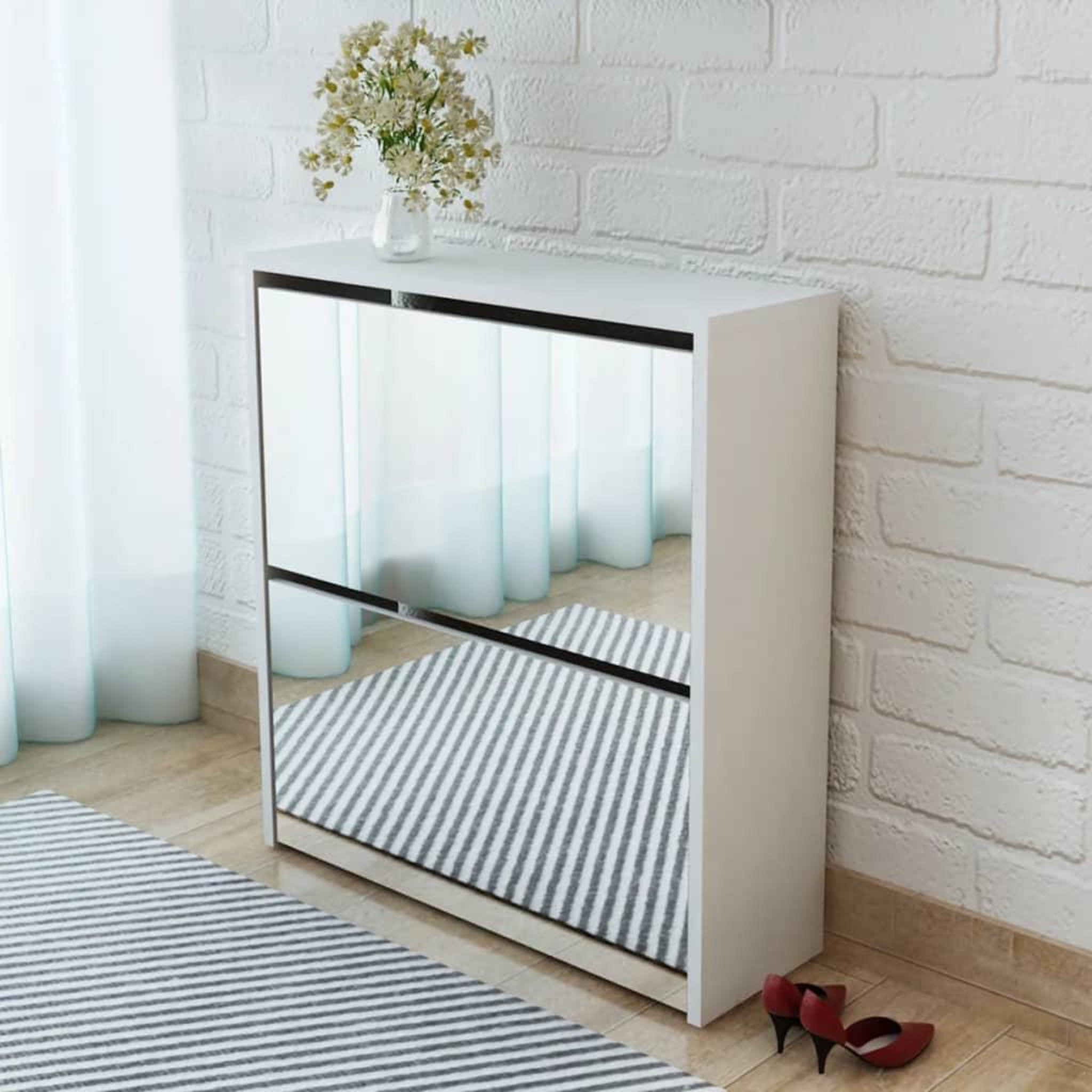 Voir la diapositive 1 : VIDAXL Meuble a chaussures 2 etages avec miroir 63x17x67 cm Blanc