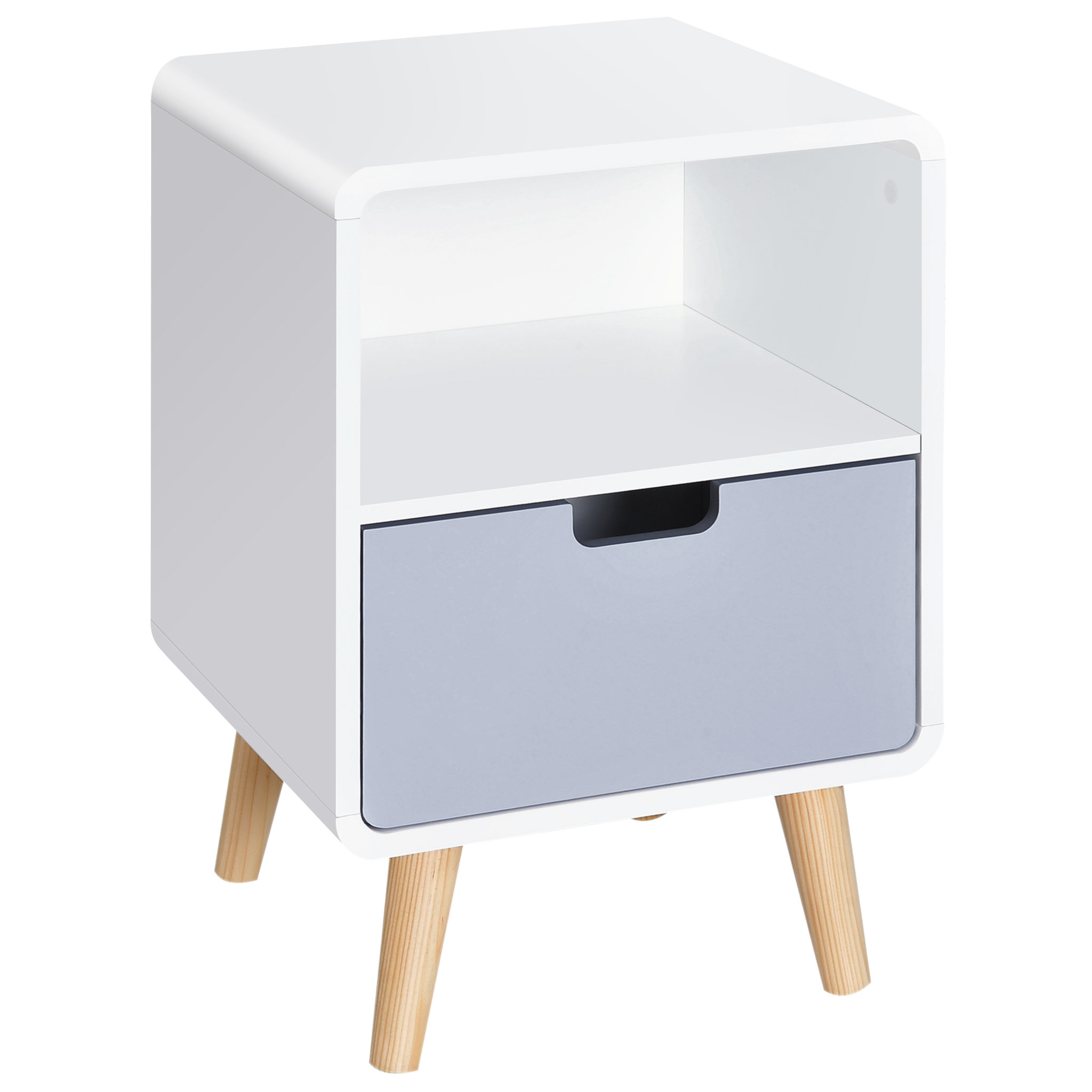 Voir la diapositive 1 : HOMCOM Chevet table de nuit design scandinave 40L x 38l x 58H cm tiroir + niche bois massif pin MDF blanc bleu gris