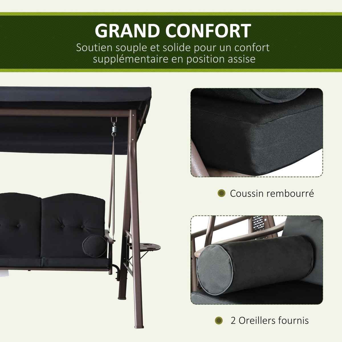 OUTSUNNY Balancelle de jardin 3 places grand confort toit inclinaison réglable coussins plateaux rétractables polyester filé noir