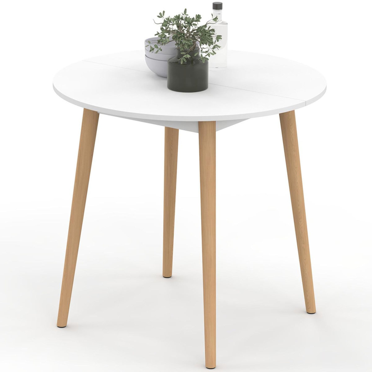 ID MARKET Table à manger fixe ronde ANGELA 4 personnes blanc pieds bois 80 cm