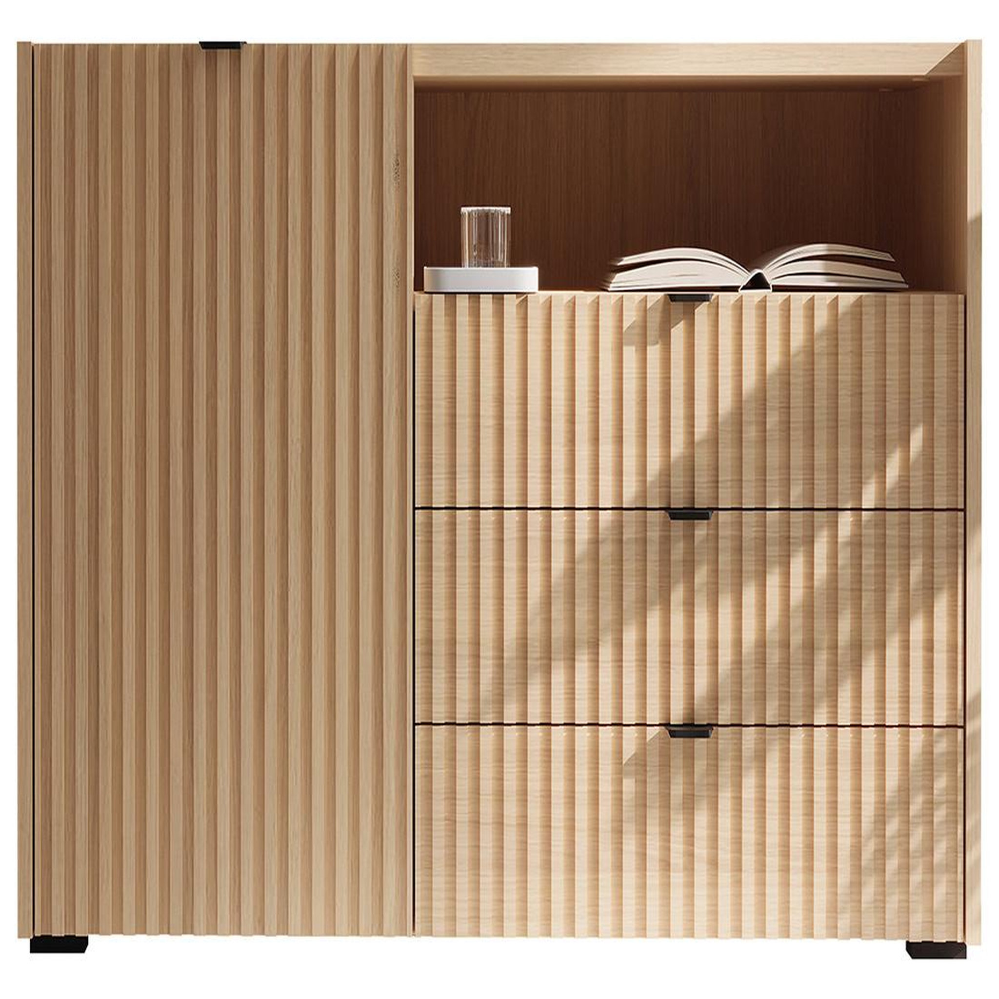 Voir la diapositive 4 : BEST MOBILIER Judy - buffet bas 106 cm - 1 porte, 3 tiroirs et 1 niche