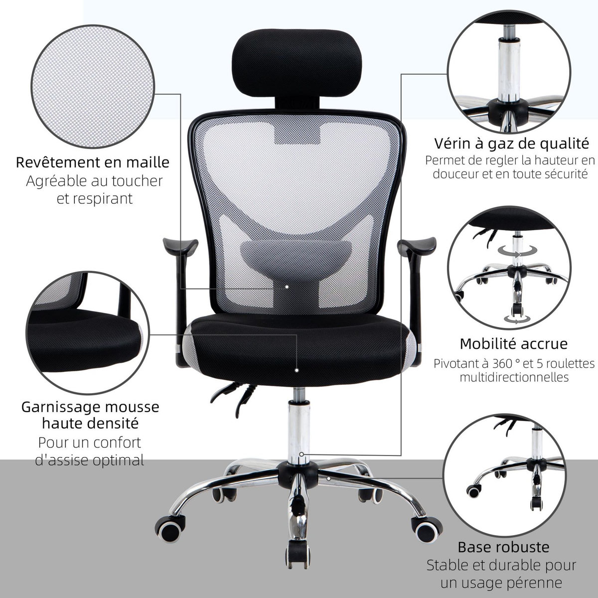 VINSETTO Vinsetto Chaise de bureau manager grand confort réglable dossier inclinable piètement chromé tissu maille polyester gris noir