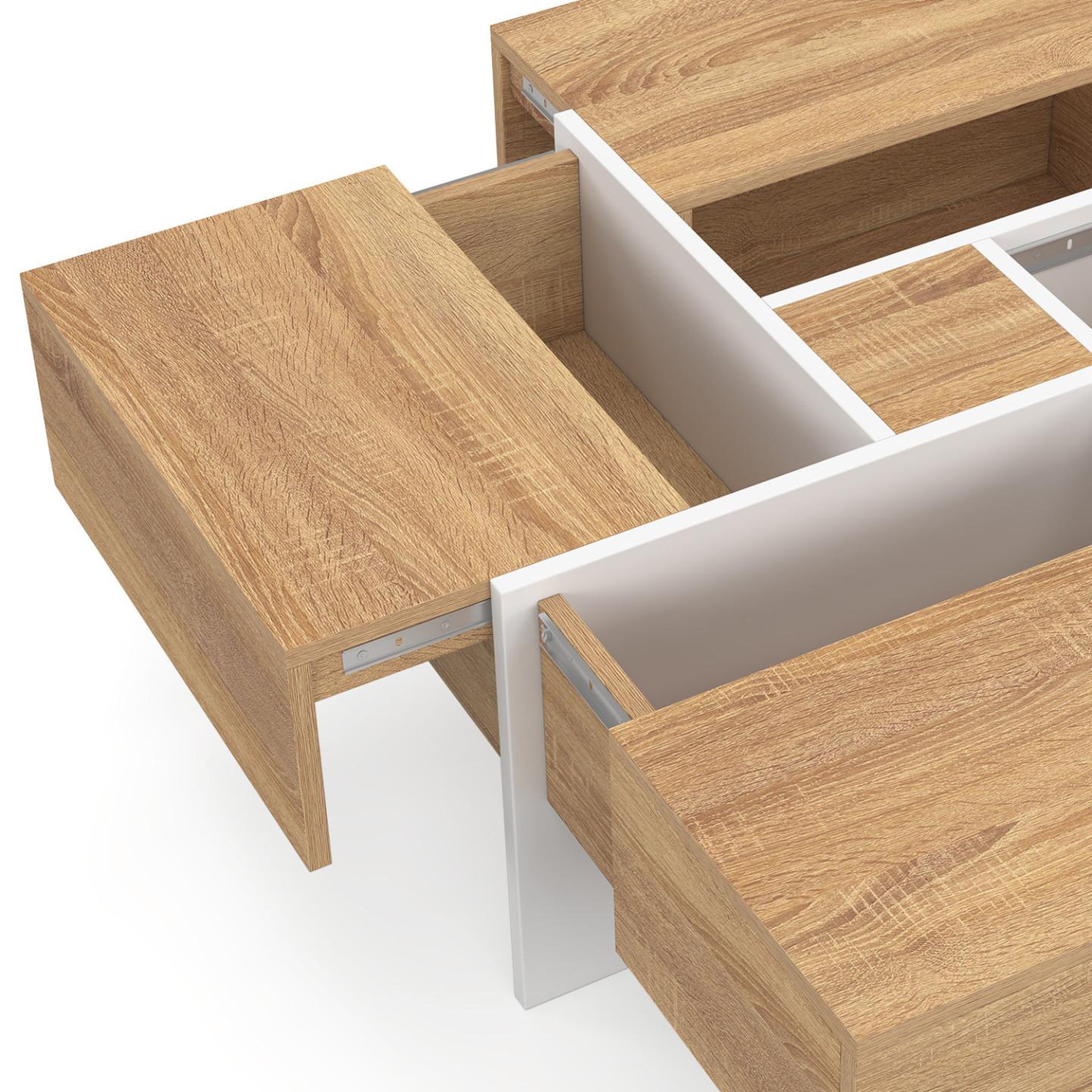 Voir la diapositive 6 : ID MARKET Table basse carrée talia 70 cm avec tiroirs bois et blanc